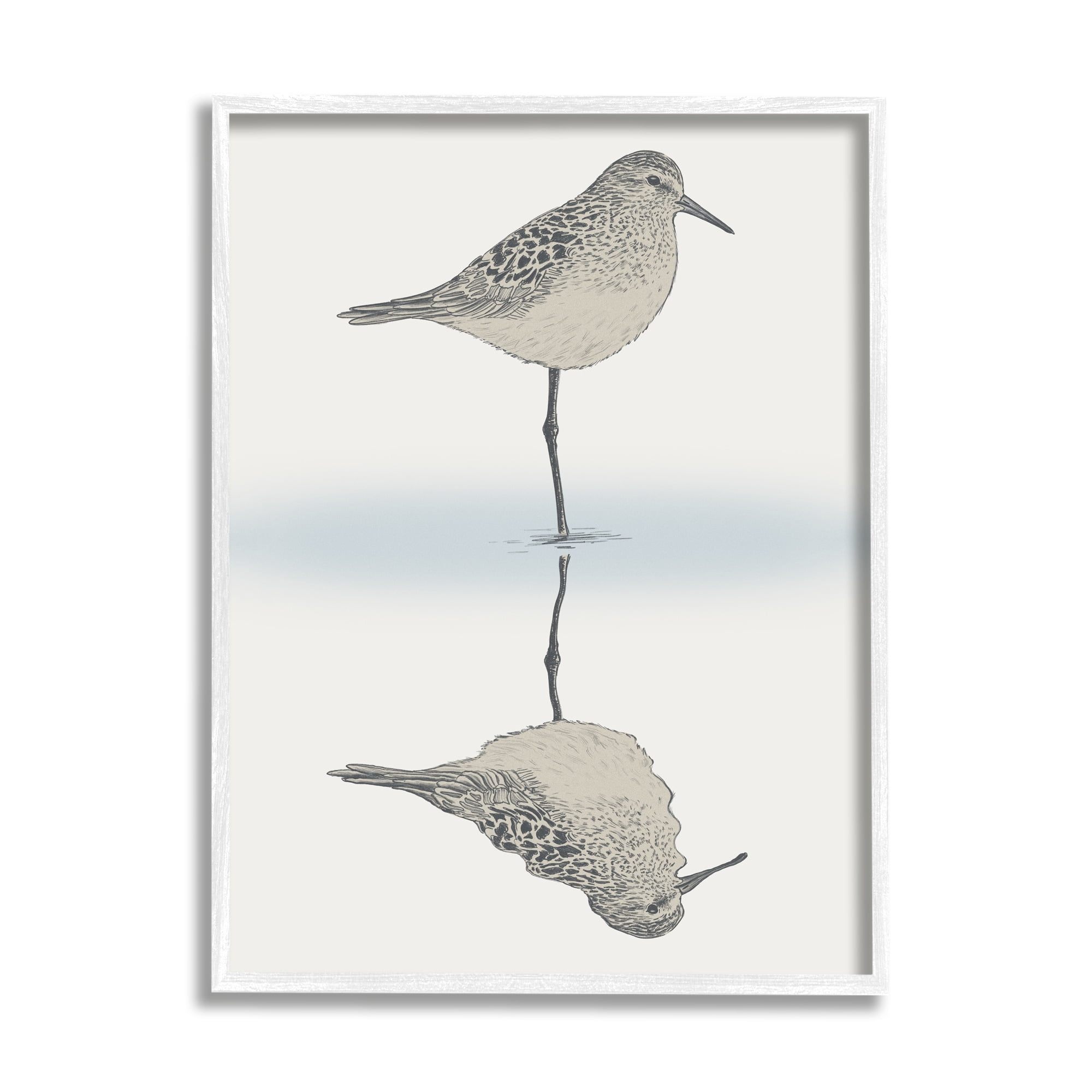 Stupell Industries Soothing Sandpiper Bird Standing Ocean Shoreline Reflection Graphic Art White Framed Art Print Wall Art, Design by Ziwei Li