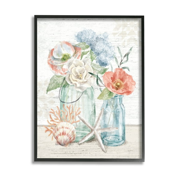 Stupell Industries Soothing Spring Florals Beach Jars Nautical Still Life Nature Painting Black Framed Art Print Wall Art, 11 x 14