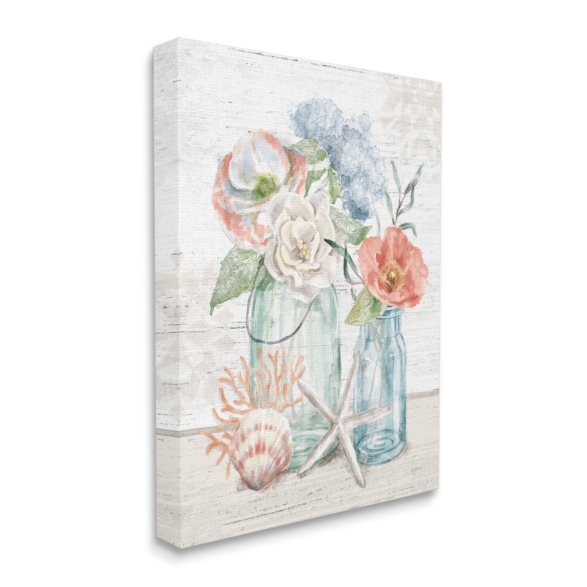 Stupell Industries Soothing Spring Florals Beach Jars Nautical Still Life Nature Painting Gallery Wrapped Canvas Print Wall Art, 24 x 30