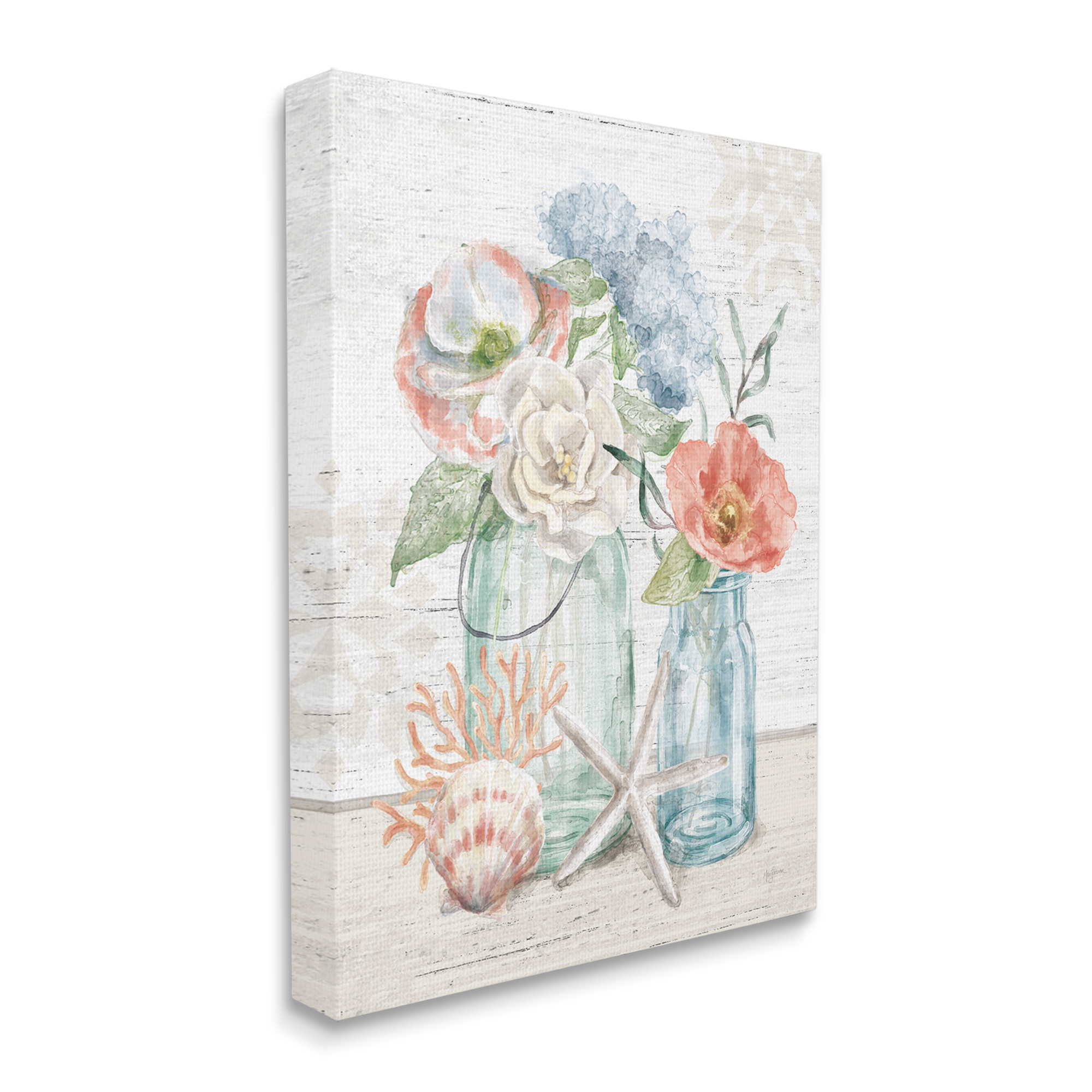 Stupell Industries Soothing Spring Florals Beach Jars Nautical Still Life Nature Painting Gallery Wrapped Canvas Print Wall Art, 36 x 48