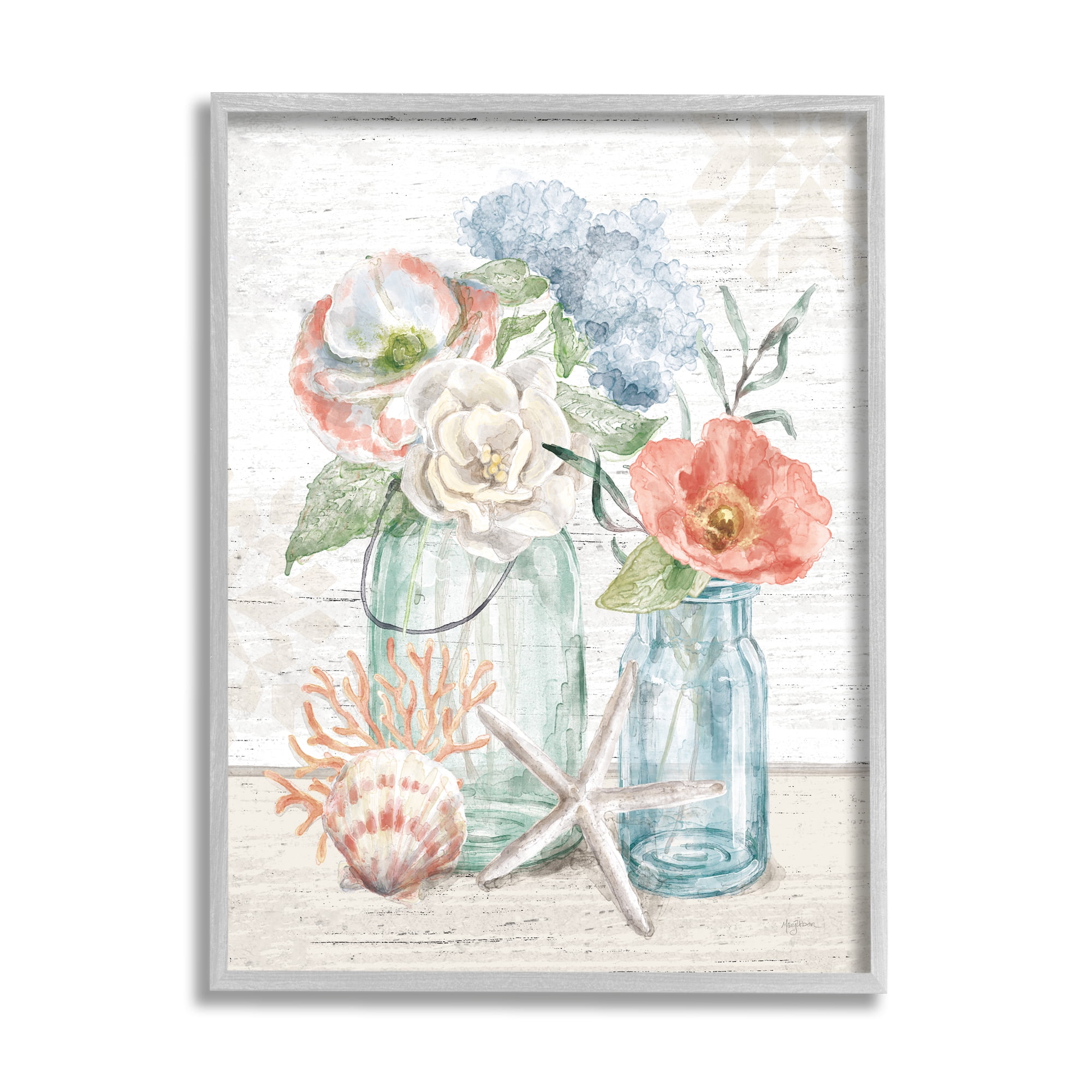 Stupell Industries Soothing Spring Florals Beach Jars Nautical Still Life Nature Painting Gray Framed Art Print Wall Art, 16 x 20