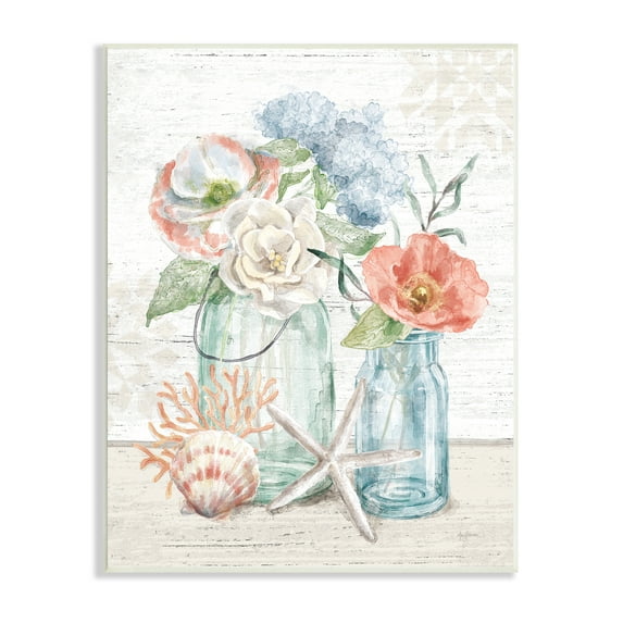 Stupell Industries Soothing Spring Florals Beach Jars Nautical Still Life Nature Painting Unframed Art Print Wall Art, 13 x 19