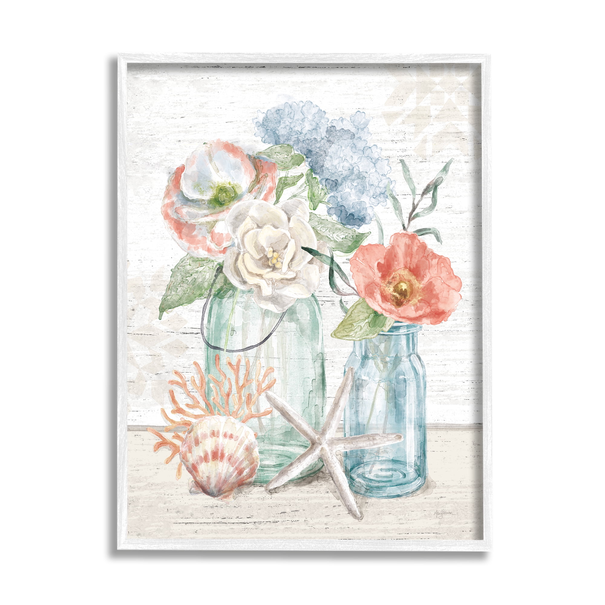 Stupell Industries Soothing Spring Florals Beach Jars Nautical Still Life Nature Painting White Framed Art Print Wall Art, 11 x 14