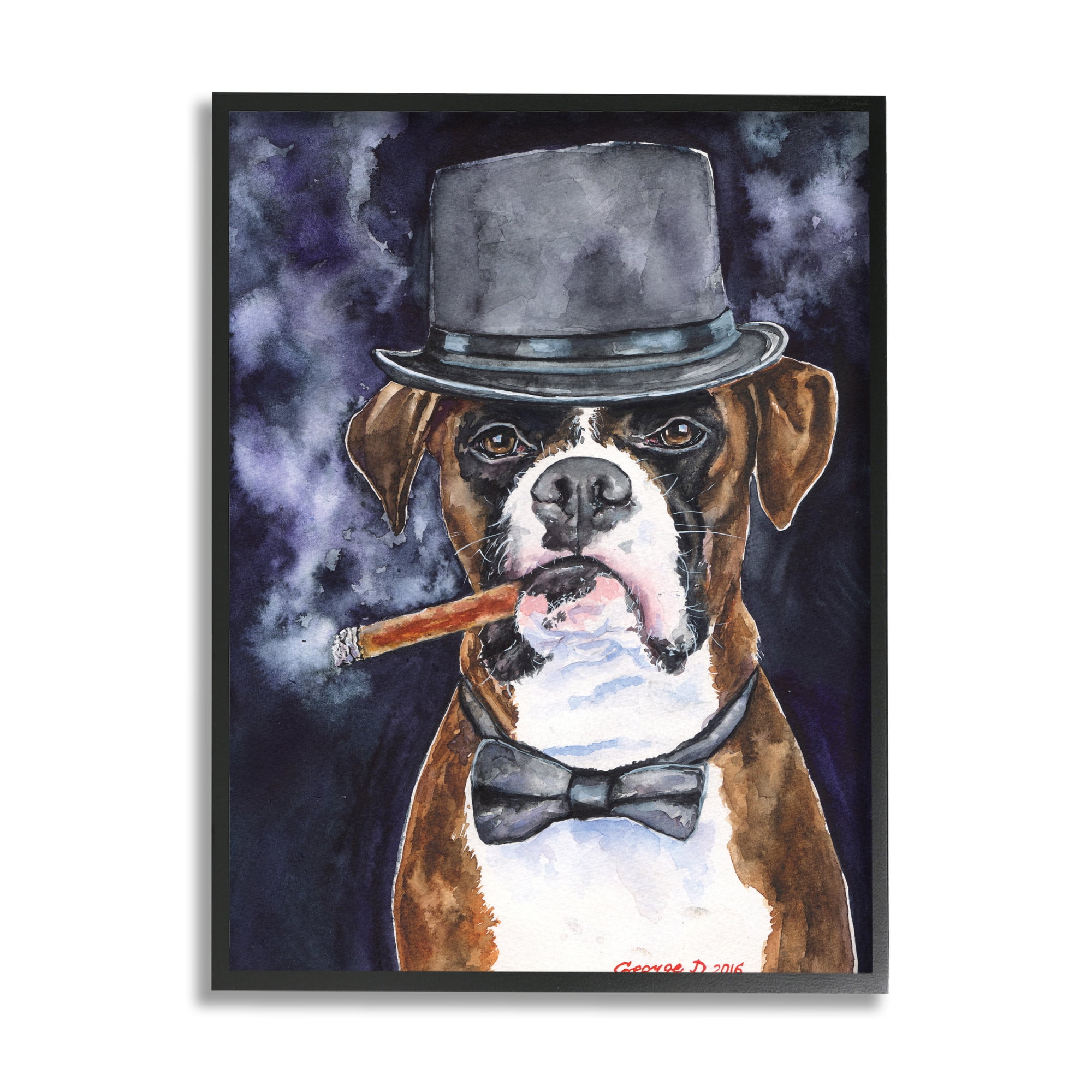 Stupell Industries Sophisticated Boxer Dog Portrait Top Hat Pet Black Framed, 16 x 20, Design by George Dyachenko