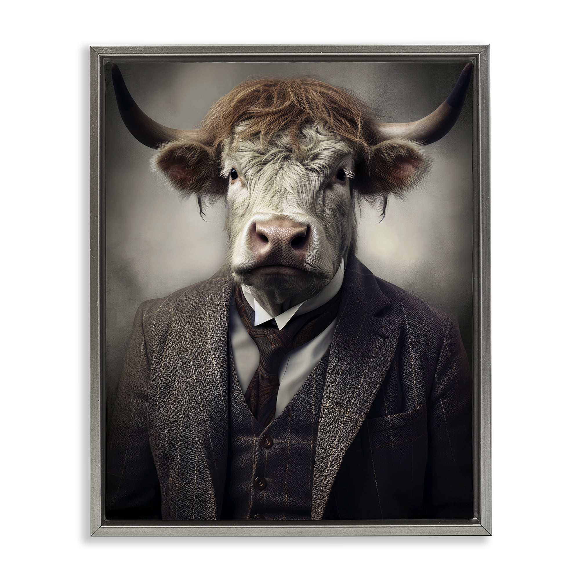 Stupell Industries Sophisticated Bull Portrait Gray Framed Floater Canvas Wall Art, design by Ray Powers