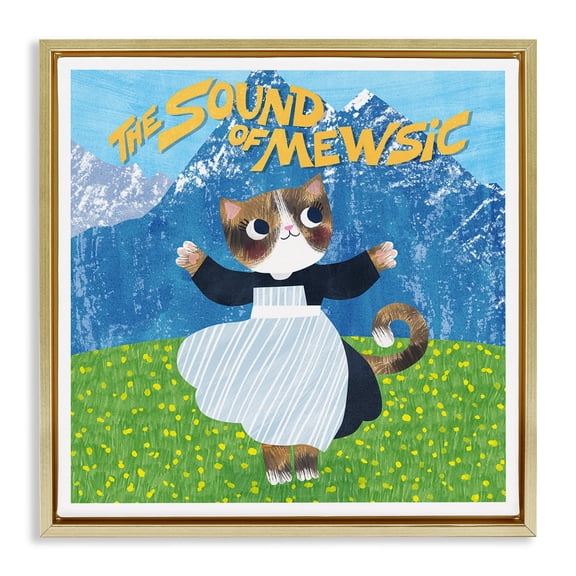 Stupell Industries Sound Of Mewsic Cat Parody Gold Framed Floater Canvas Wall Art design by Angie Rozelaar, 18 x 18
