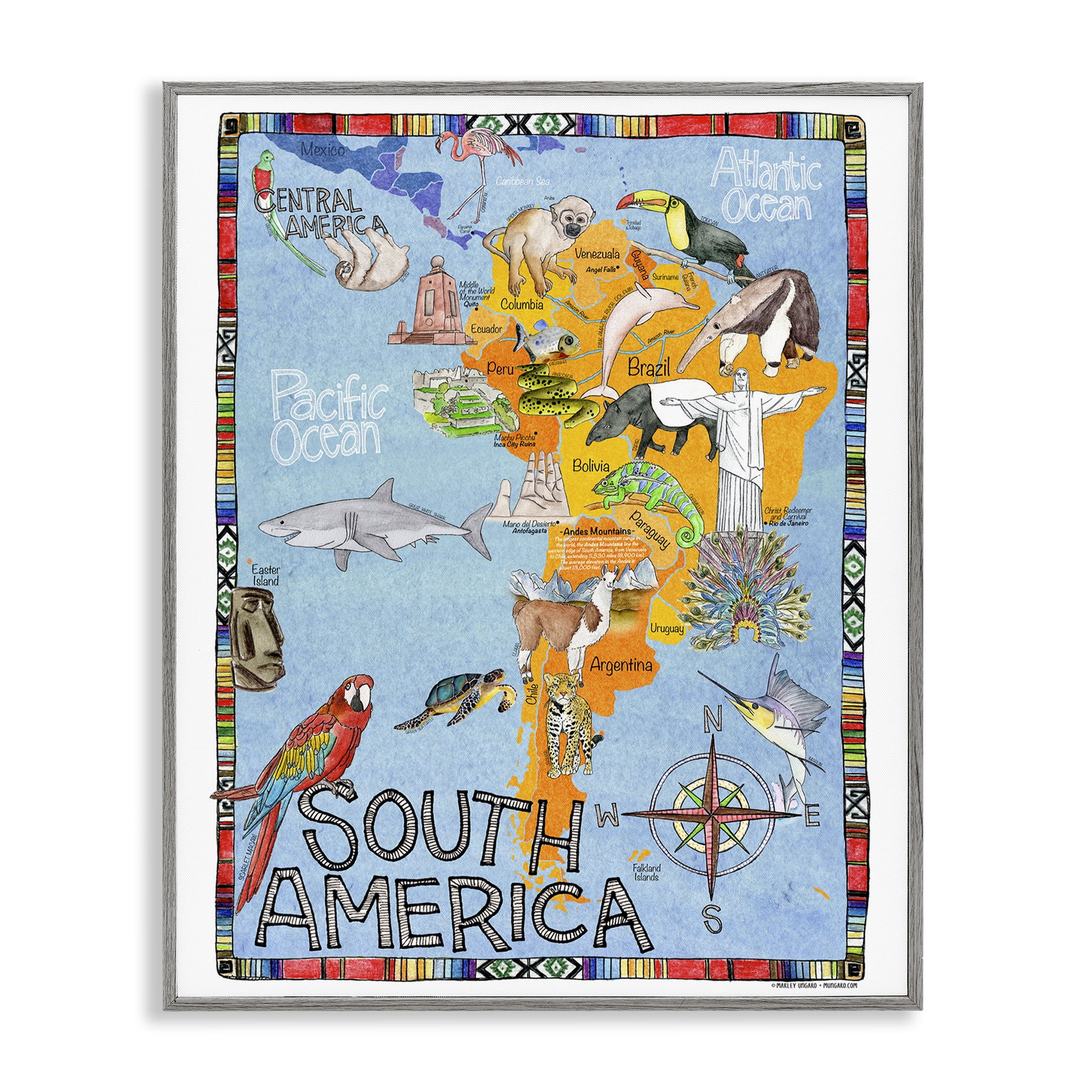 Stupell Industries South Africa Animal Map Travel & Places Painting Gray Framed Art Print Wall Art, 24 x 30