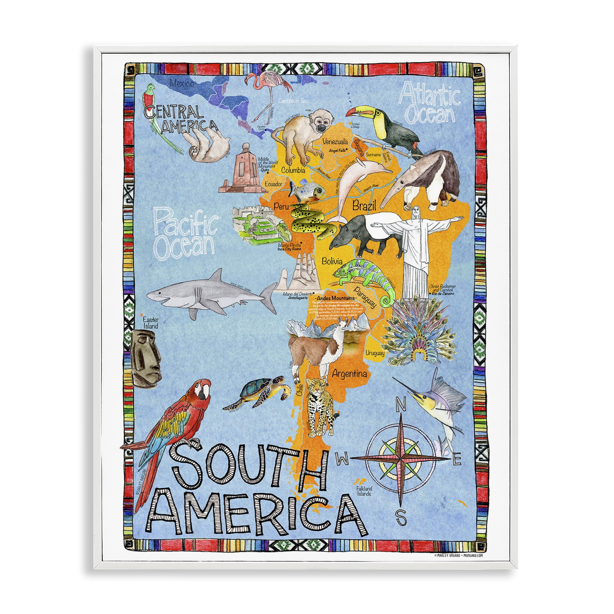 Stupell Industries South Africa Animal Map Travel & Places Painting White Framed Art Print Wall Art, 24 x 30