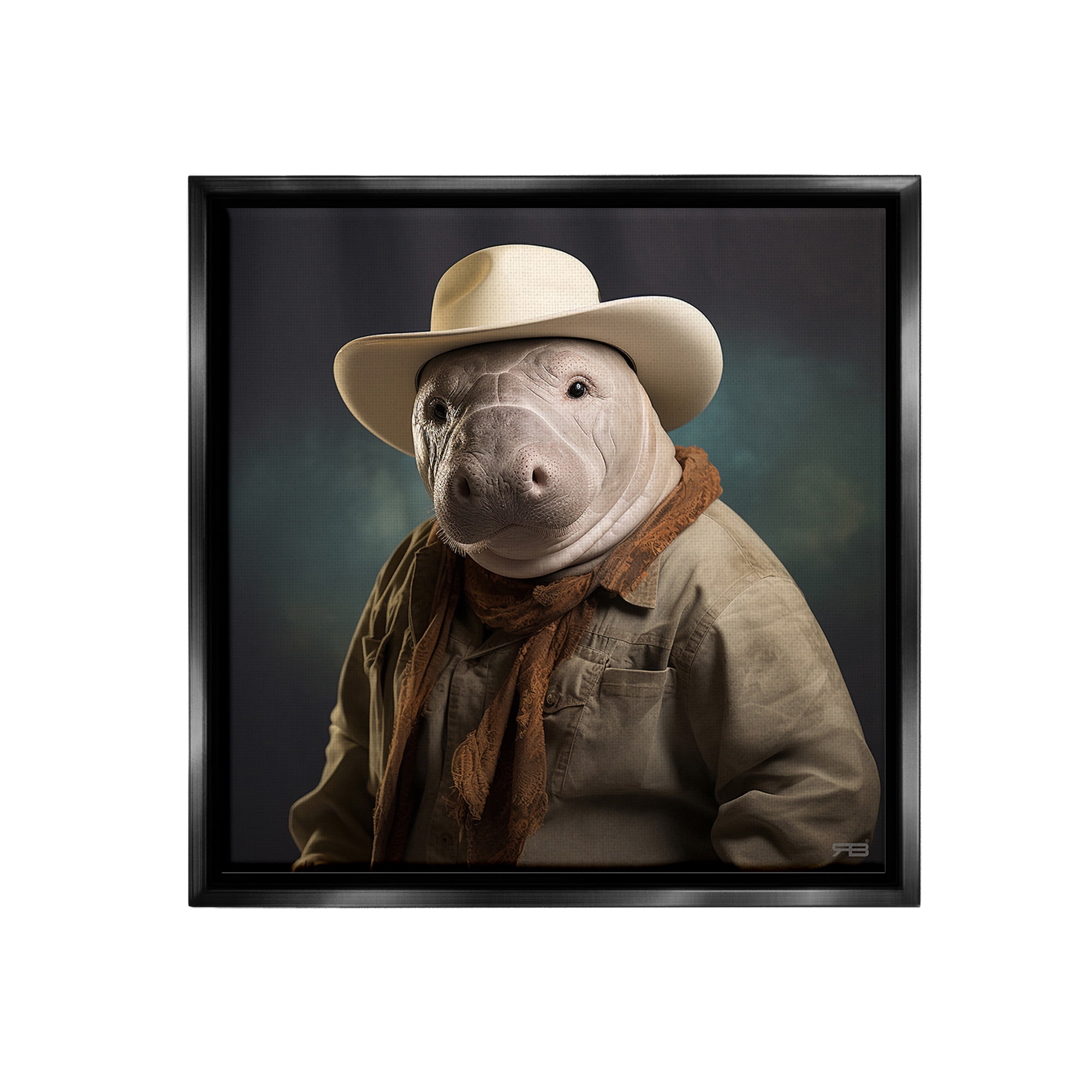 Stupell Industries Southern Cowboy Manatee Animals & Insects Painting Black Floater Framed Canvas Art Print Wall Art, 25 x 25