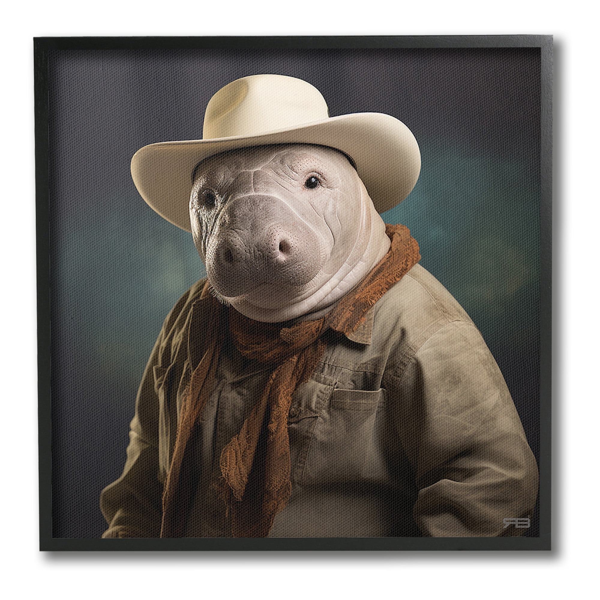 Stupell Industries Southern Cowboy Manatee Animals & Insects Painting Black Framed Art Print Wall Art, 24 x 24