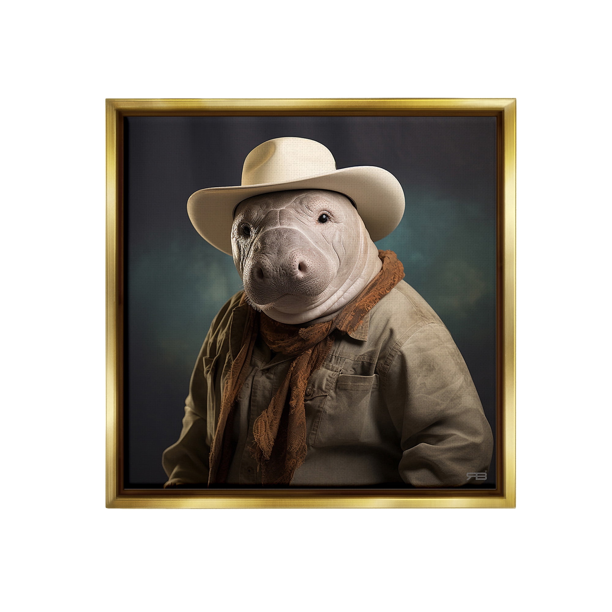 Stupell Industries Southern Cowboy Manatee Animals & Insects Painting Gold Floater Framed Canvas Art Print Wall Art, 25 x 25