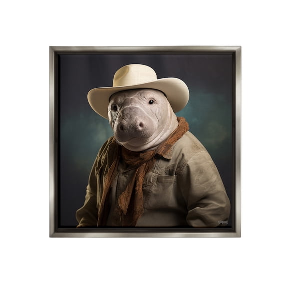 Stupell Industries Southern Cowboy Manatee Animals & Insects Painting Gray Floater Framed Canvas Art Print Wall Art, 25 x 25