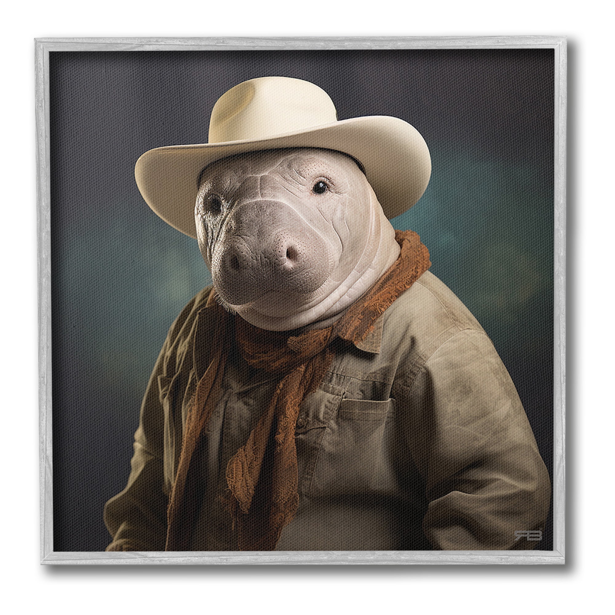 Stupell Industries Southern Cowboy Manatee Animals & Insects Painting Gray Framed Art Print Wall Art, 24 x 24