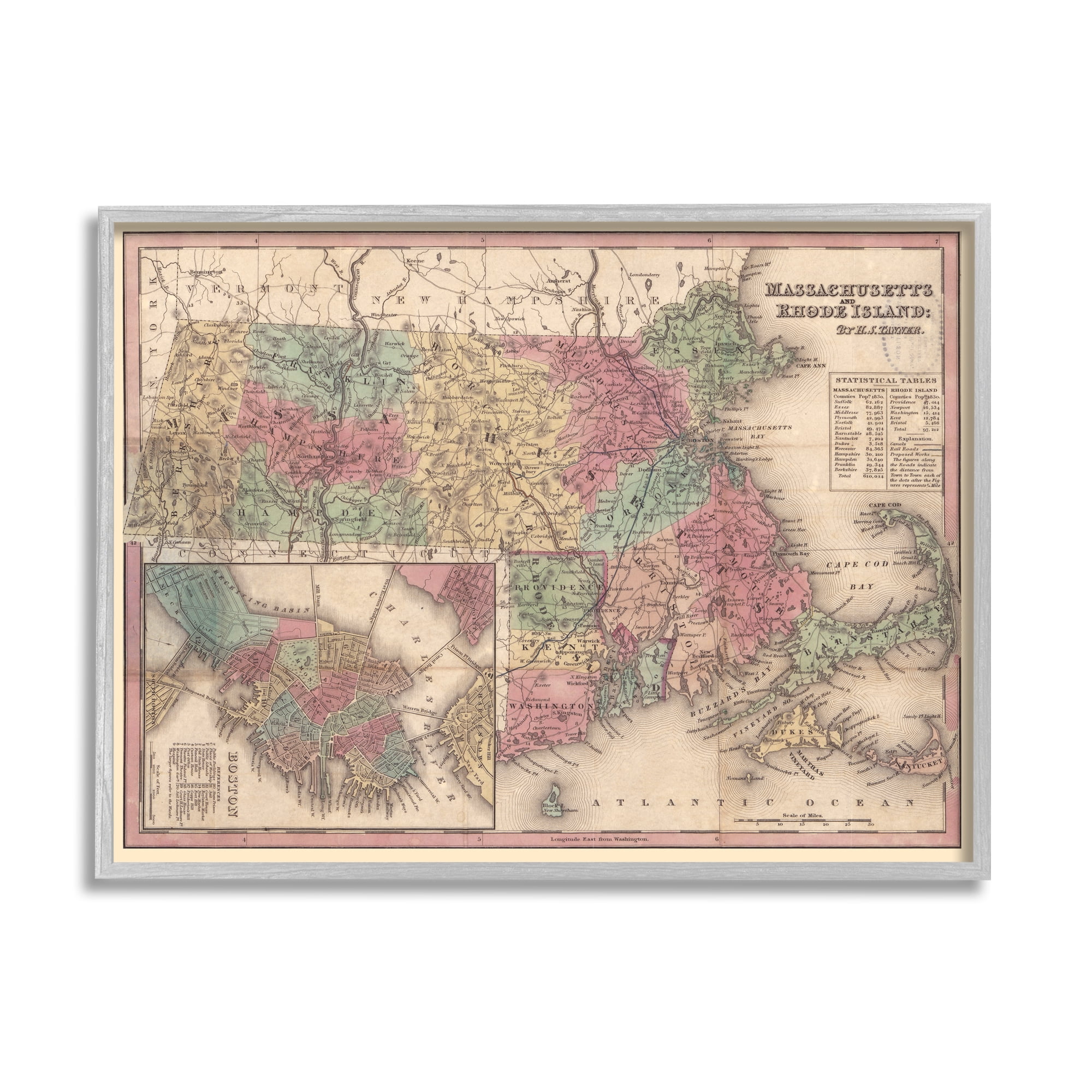 Stupell Industries Southern New England Map Massachusetts Rhode Island Cartography, 30 x 24, Design by Daphne Polselli