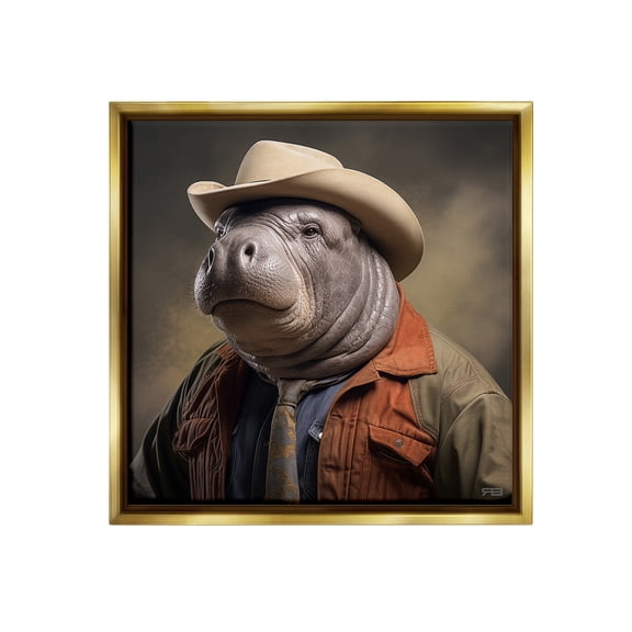 Stupell Industries Southern Sheriff Manatee Animals & Insects Painting Gold Floater Framed Canvas Art Print Wall Art, 25 x 25