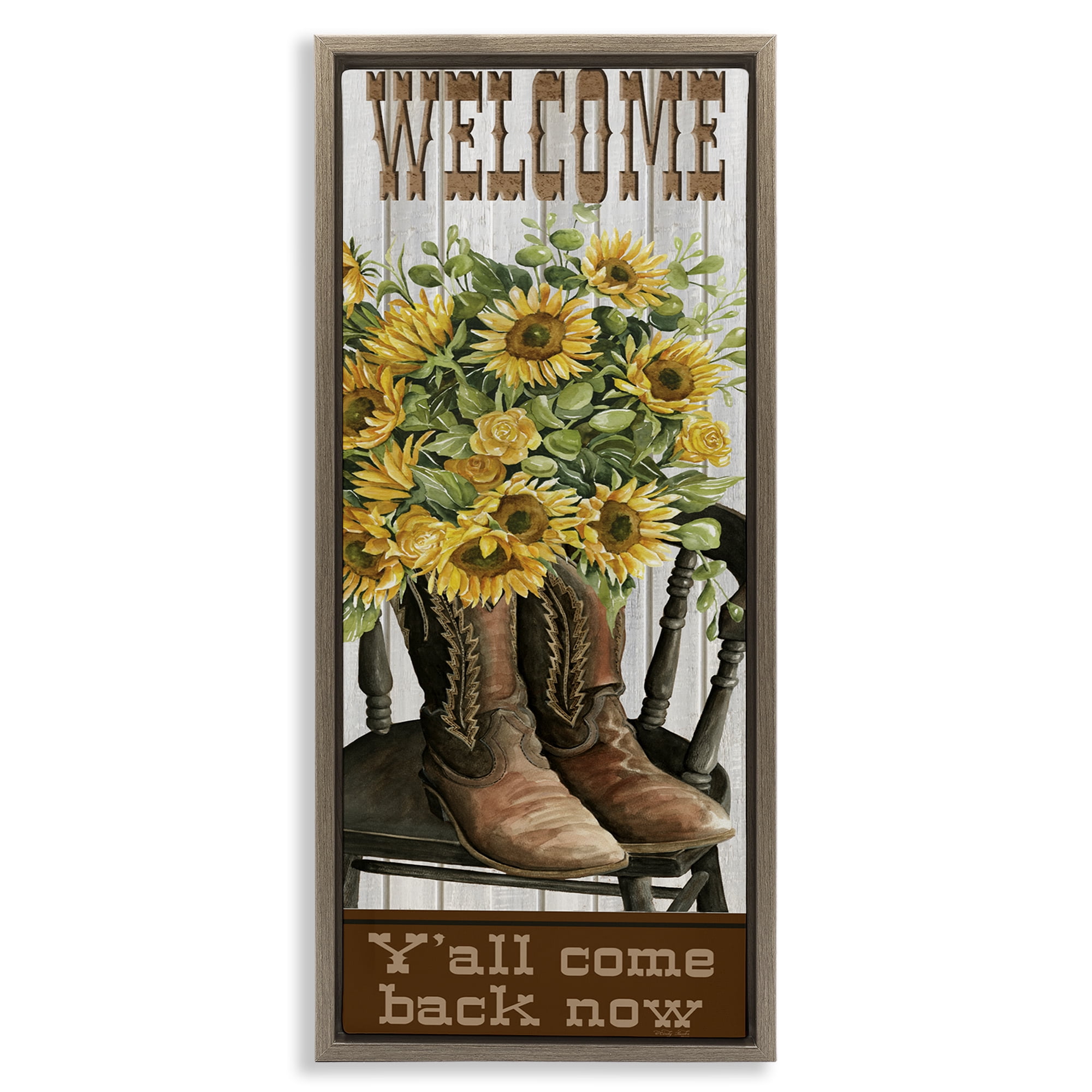 Stupell Industries Southern Welcome Phrase Plants & Flowers Painting Brown Floater Framed Canvas Art Print Wall Art, 11 x 25