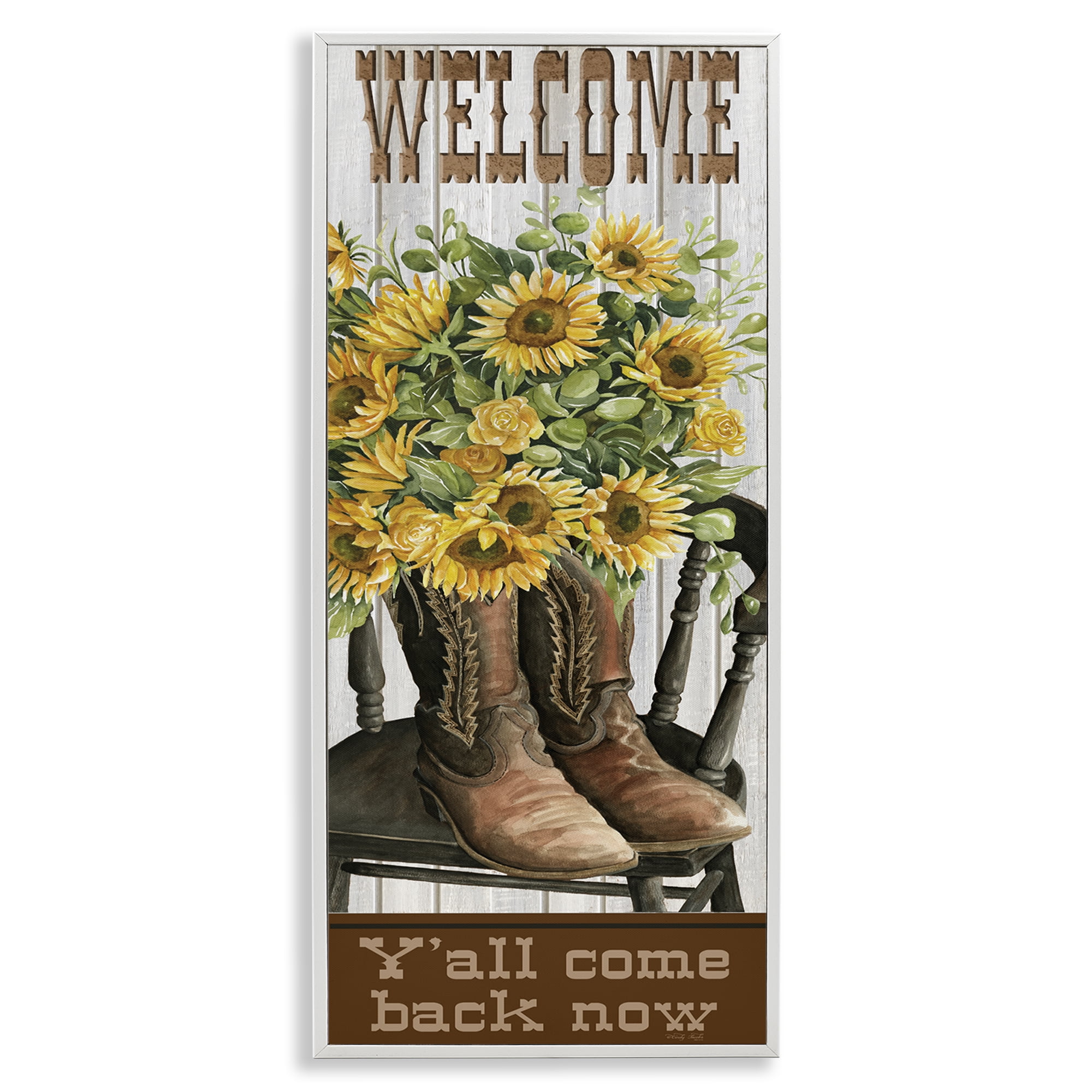 Stupell Industries Southern Welcome Phrase Plants & Flowers Painting White Framed Art Print Wall Art, 10 x 24