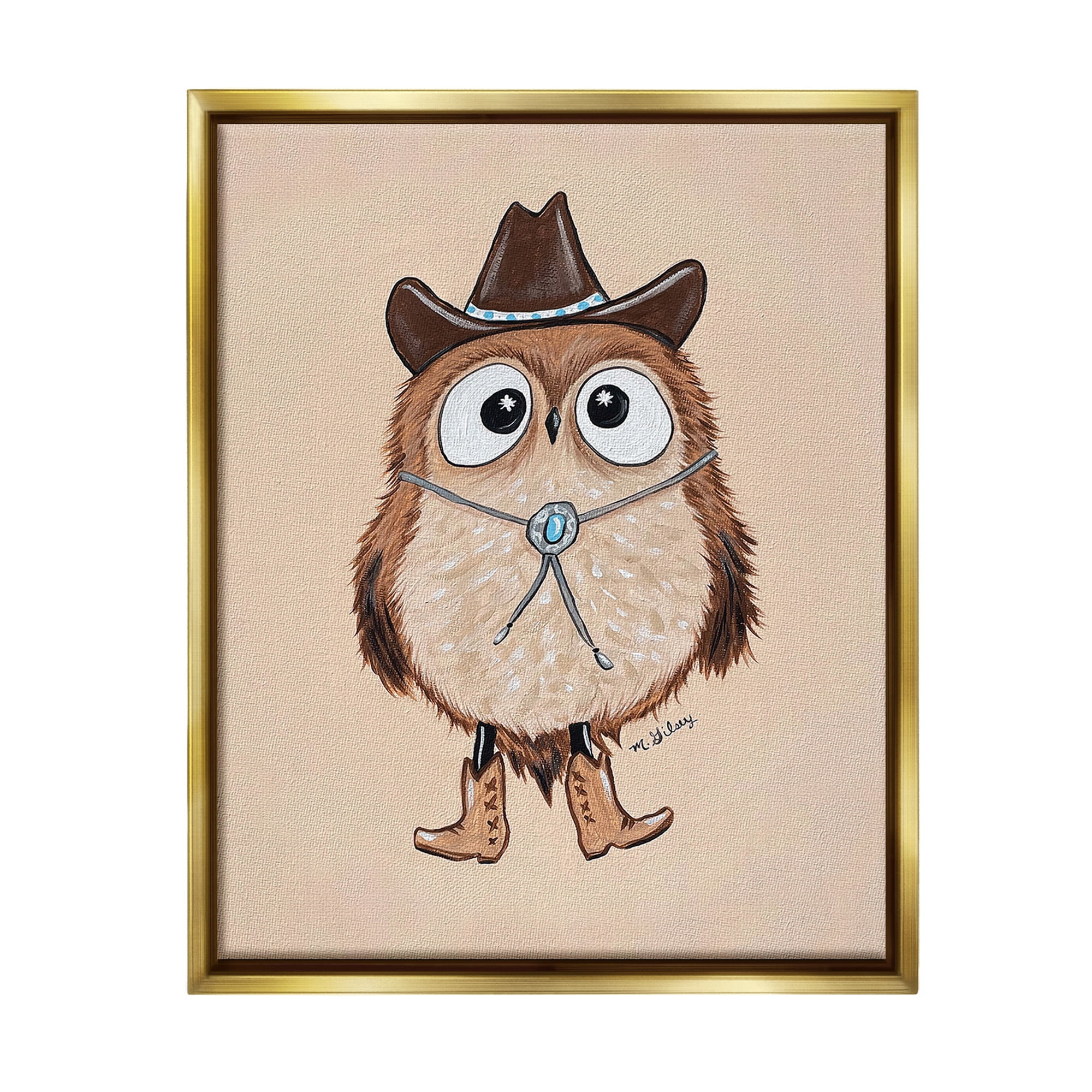 Stupell Industries Southwestern Cowboy Owl Animals & Insects Painting Gold Floater Framed Canvas Art Print Wall Art, 25 x 31