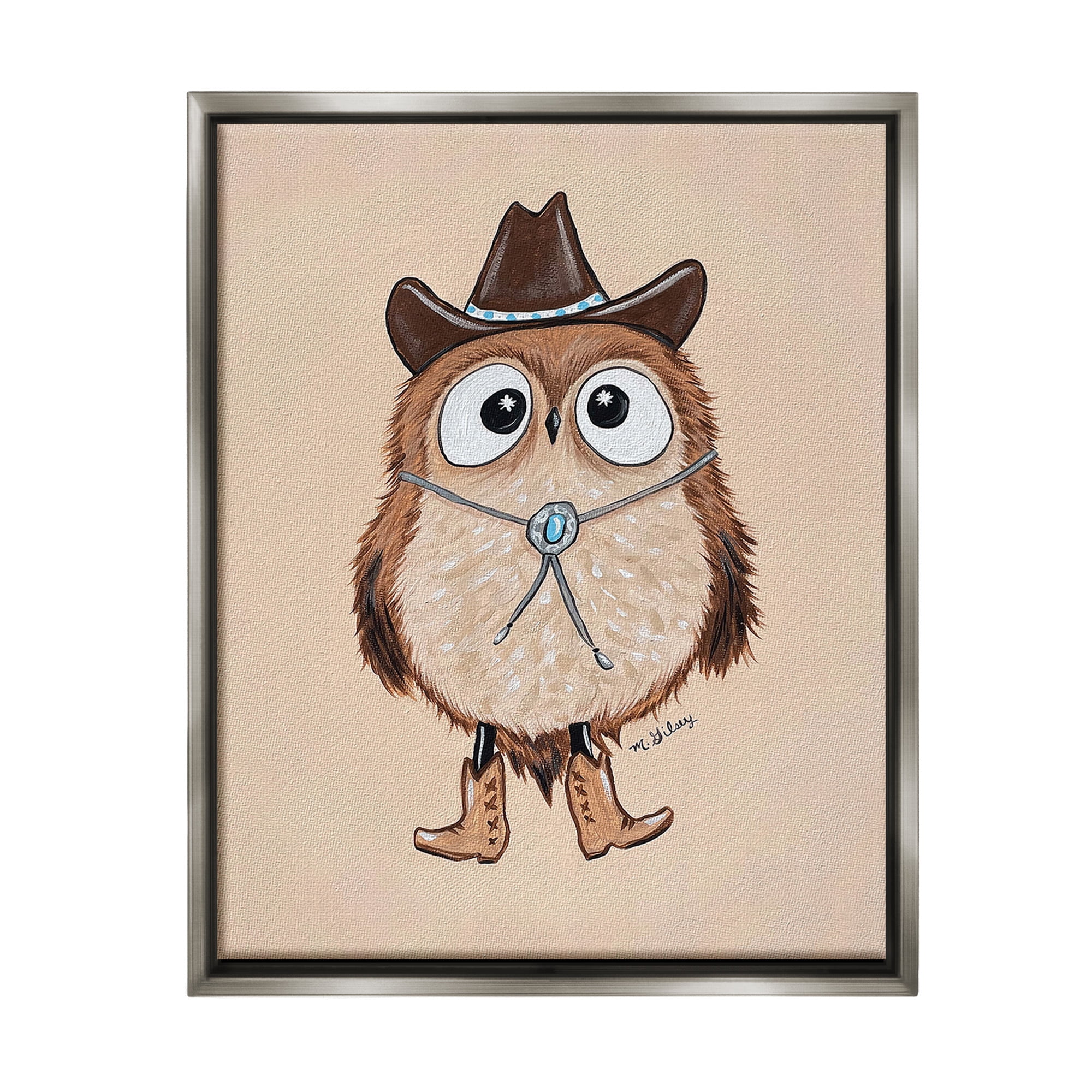 Stupell Industries Southwestern Cowboy Owl Animals & Insects Painting Gray Floater Framed Canvas Art Print Wall Art, 25 x 31