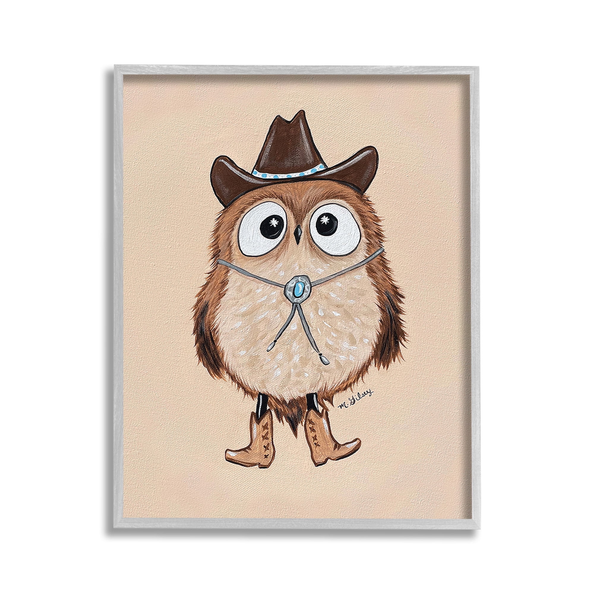 Stupell Industries Southwestern Cowboy Owl Animals & Insects Painting Gray Framed Art Print Wall Art, 11 x 14