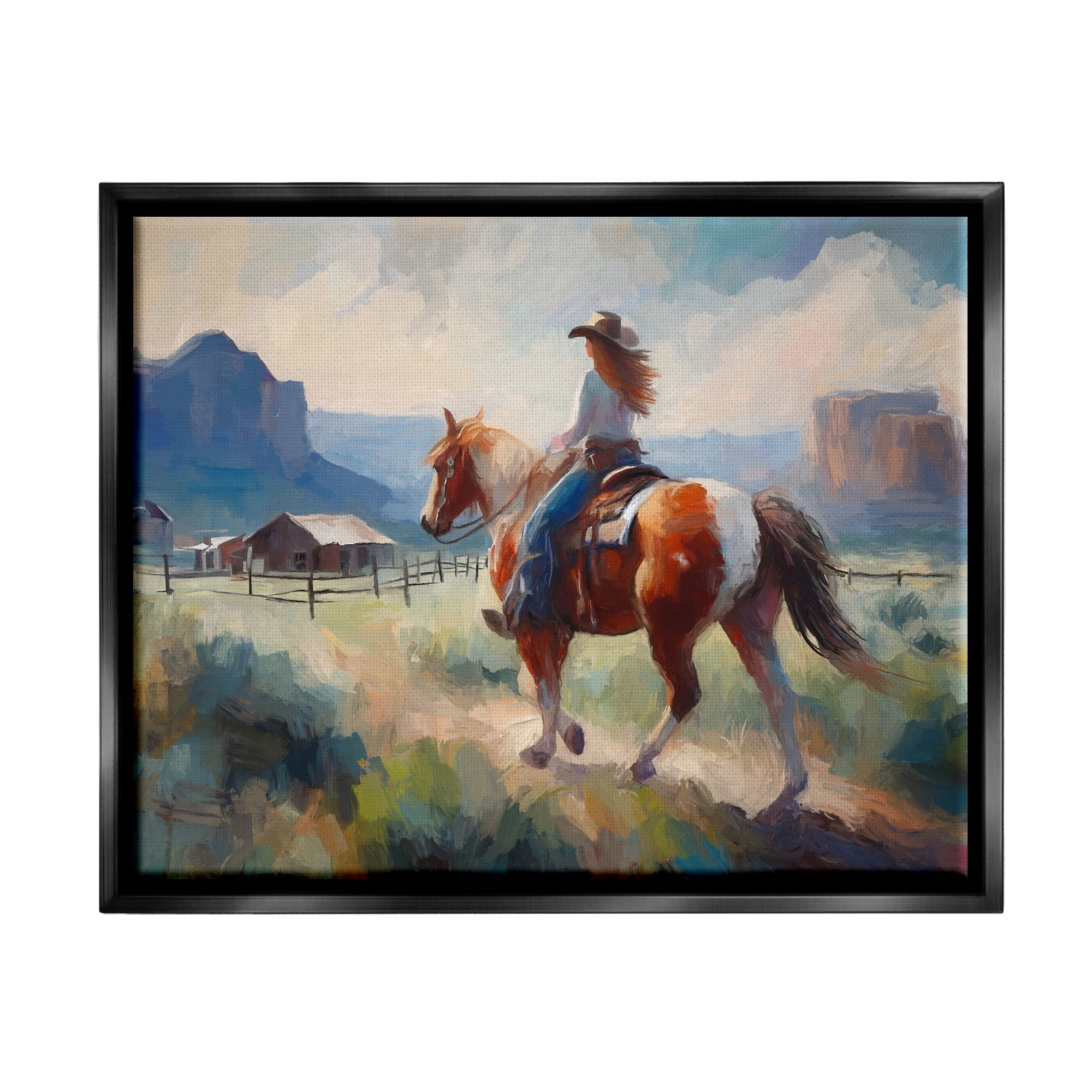 Stupell Industries Southwestern Cowgirl Landscape Animals & Insects Painting Black Floater Framed Canvas Art Print Wall Art, 31 x 25