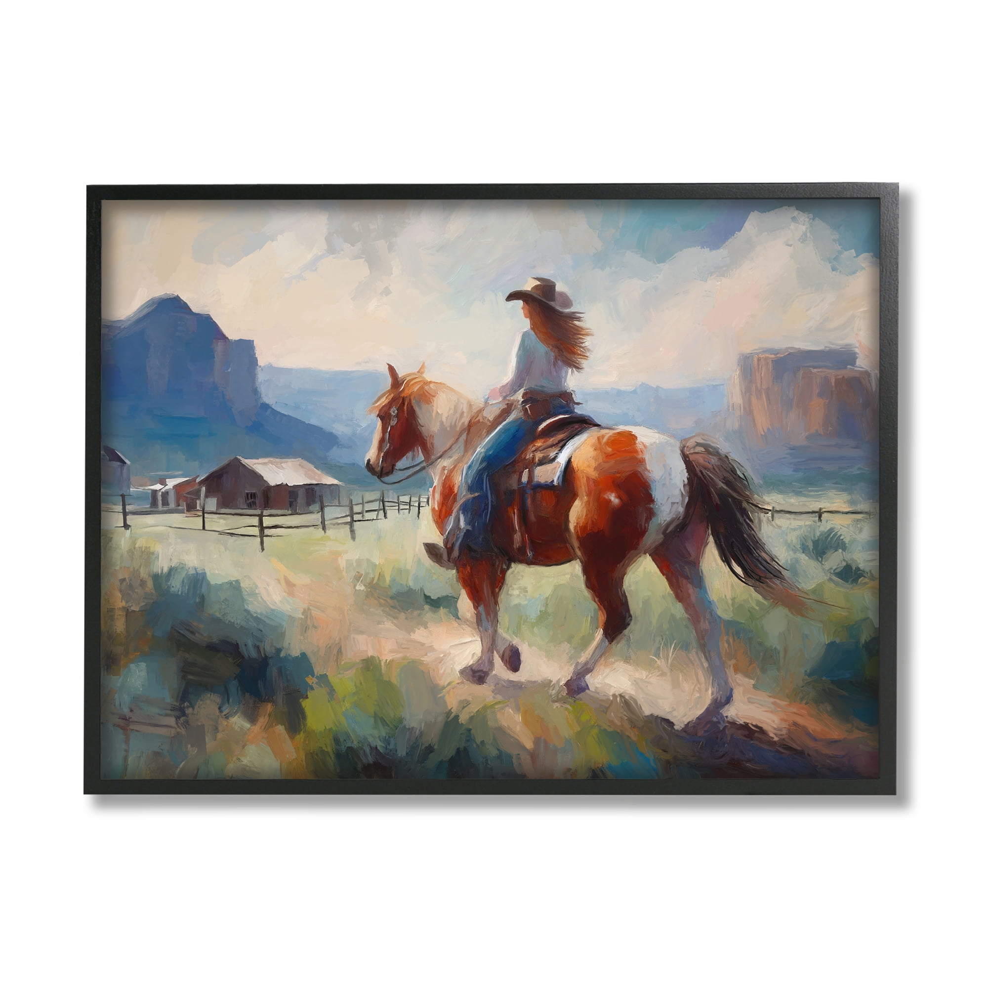 Stupell Industries Southwestern Cowgirl Landscape Animals & Insects Painting Black Framed Art Print Wall Art, 14 x 11