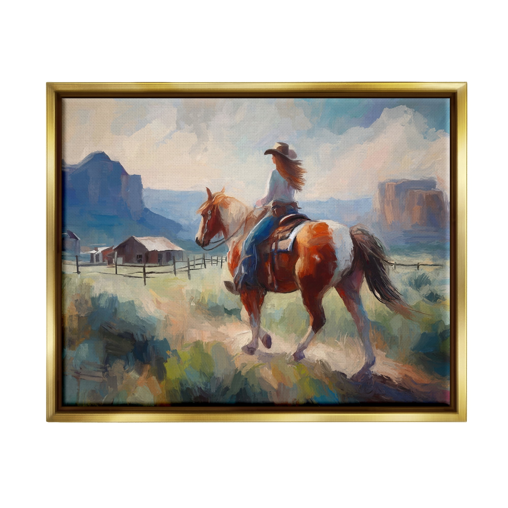 Stupell Industries Southwestern Cowgirl Landscape Animals & Insects Painting Gold Floater Framed Canvas Art Print Wall Art, 21 x 17