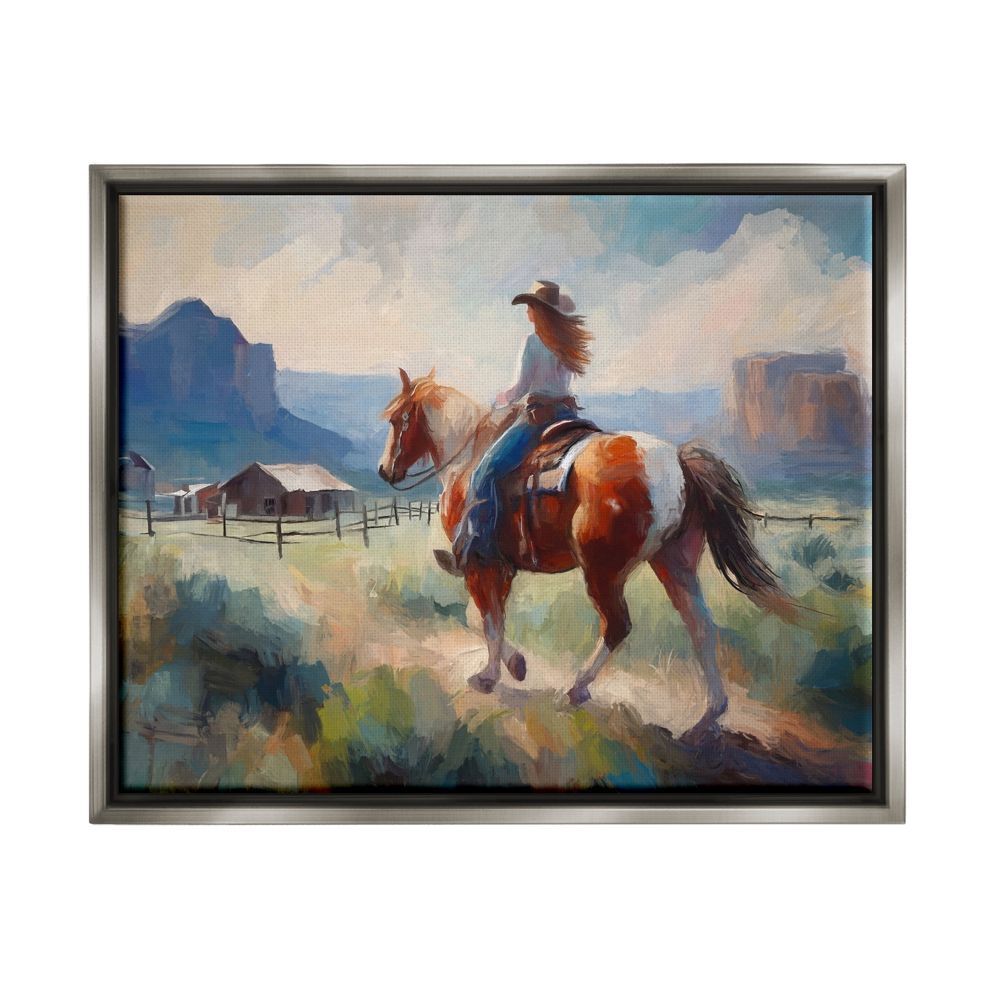 Stupell Industries Southwestern Cowgirl Landscape Animals & Insects Painting Gray Floater Framed Canvas Art Print Wall Art, 31 x 25