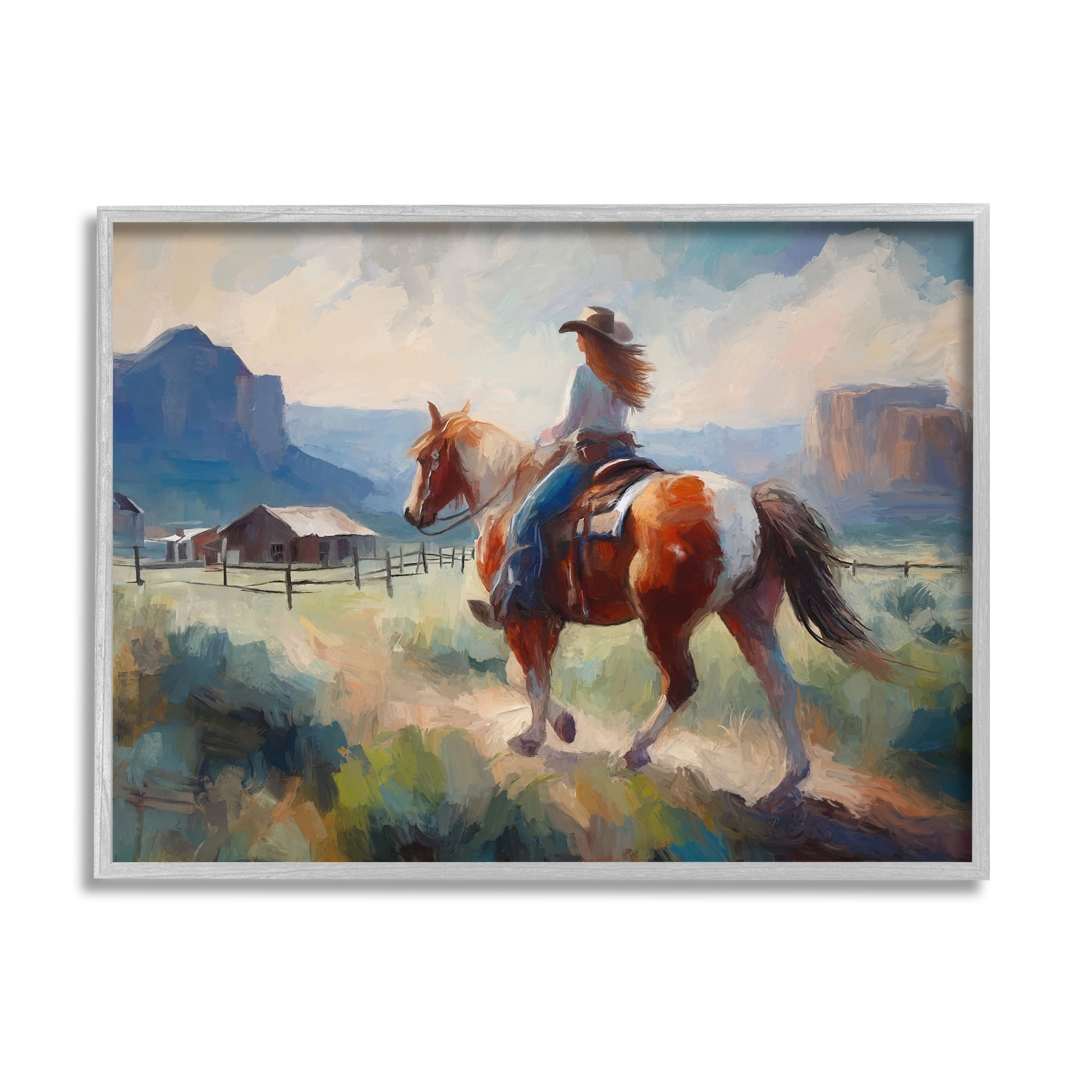 Stupell Industries Southwestern Cowgirl Landscape Animals & Insects Painting Gray Framed Art Print Wall Art, 14 x 11