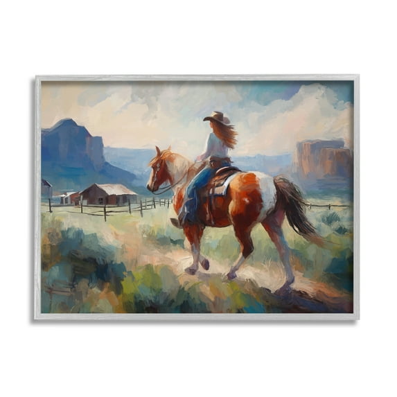 Stupell Industries Southwestern Cowgirl Landscape Animals & Insects Painting Gray Framed Art Print Wall Art, 20 x 16