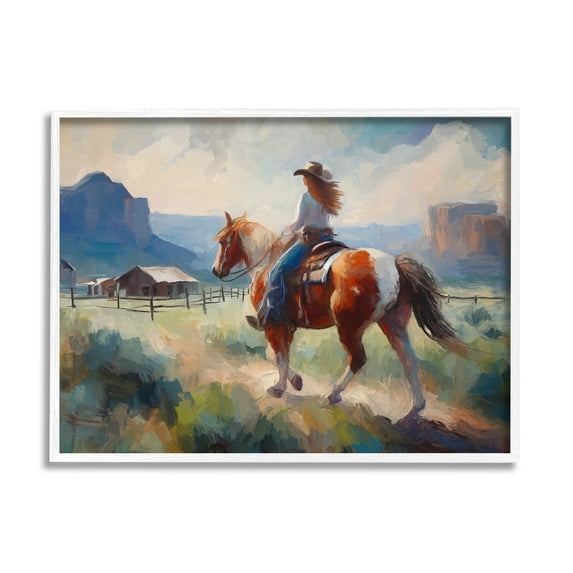 Stupell Industries Southwestern Cowgirl Landscape Animals & Insects Painting White Framed Art Print Wall Art, 14 x 11