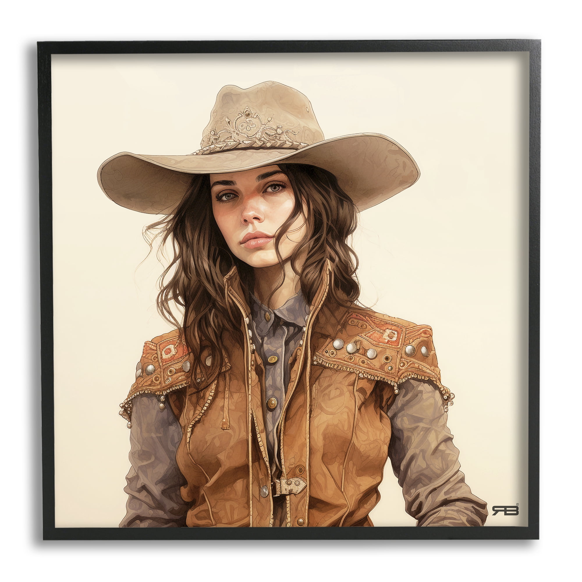 Stupell Industries Southwestern Cowgirl Portrait Abstract Painting Black Framed Art Print Wall Art, 12 x 12