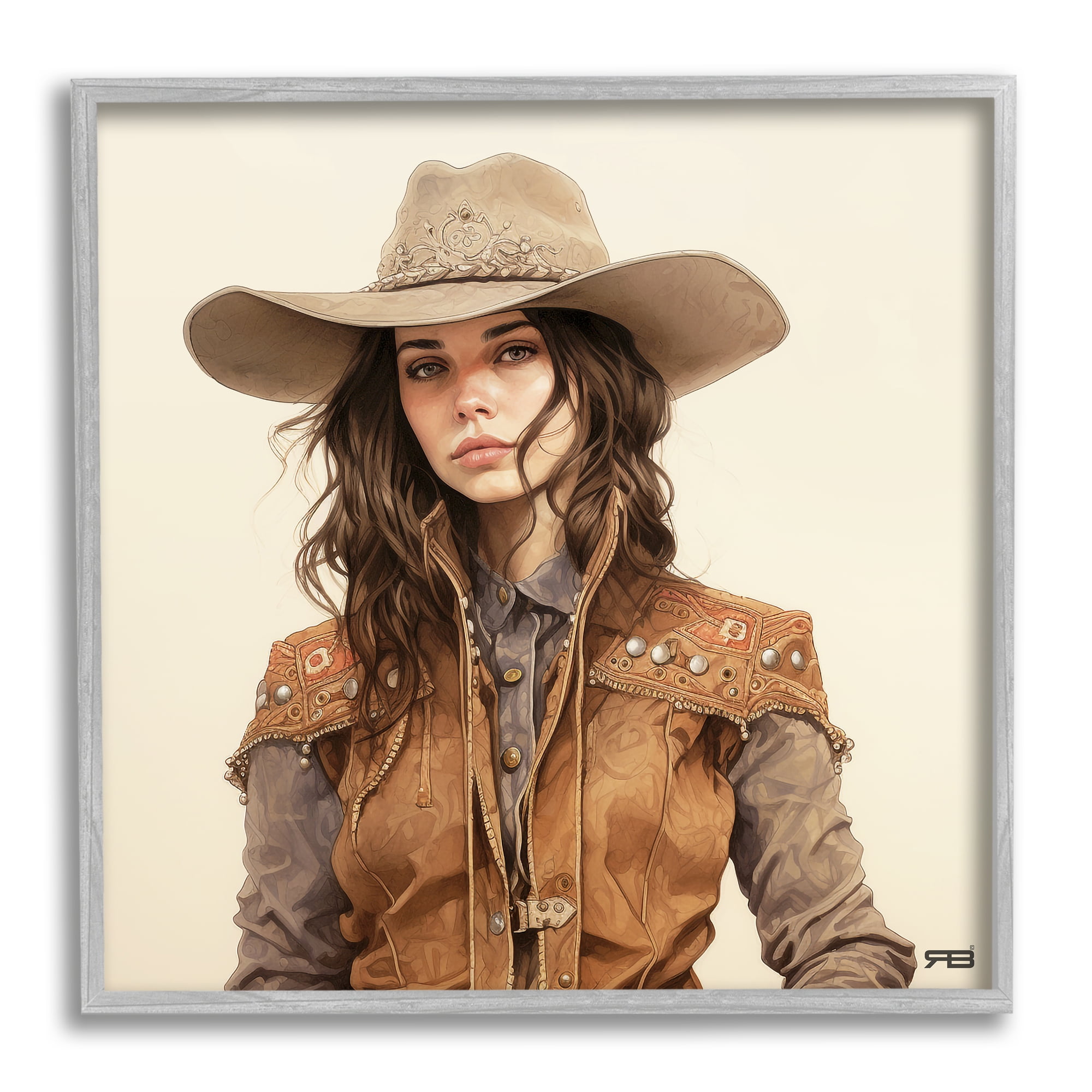 Stupell Industries Southwestern Cowgirl Portrait Abstract Painting Gray Framed Art Print Wall Art, 17 x 17