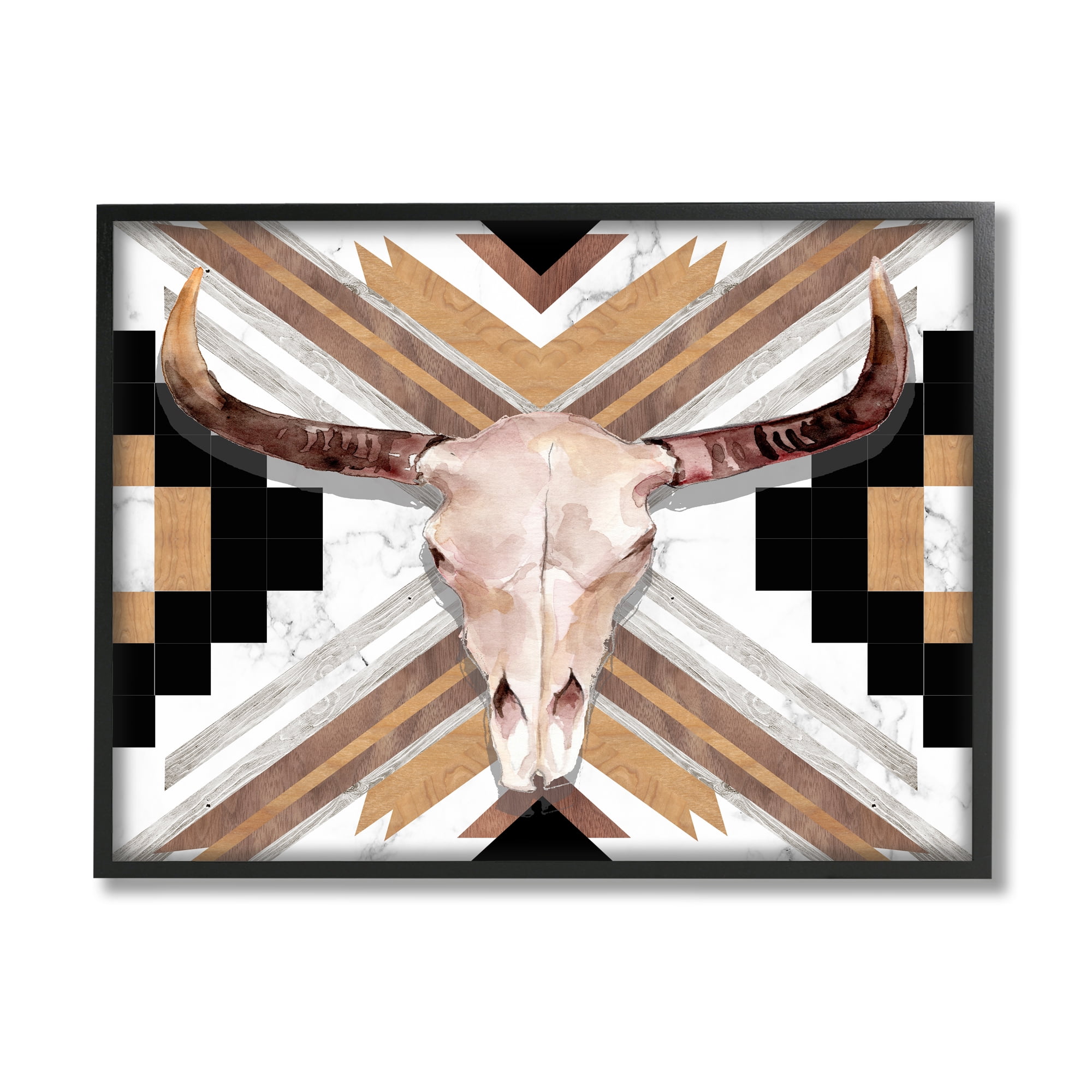 Stupell Industries Southwestern Santa Fe Wild Bull Skull Geometric Pattern Animals & Insects Painting Black Framed Art Print Wall Art, 24 x 30