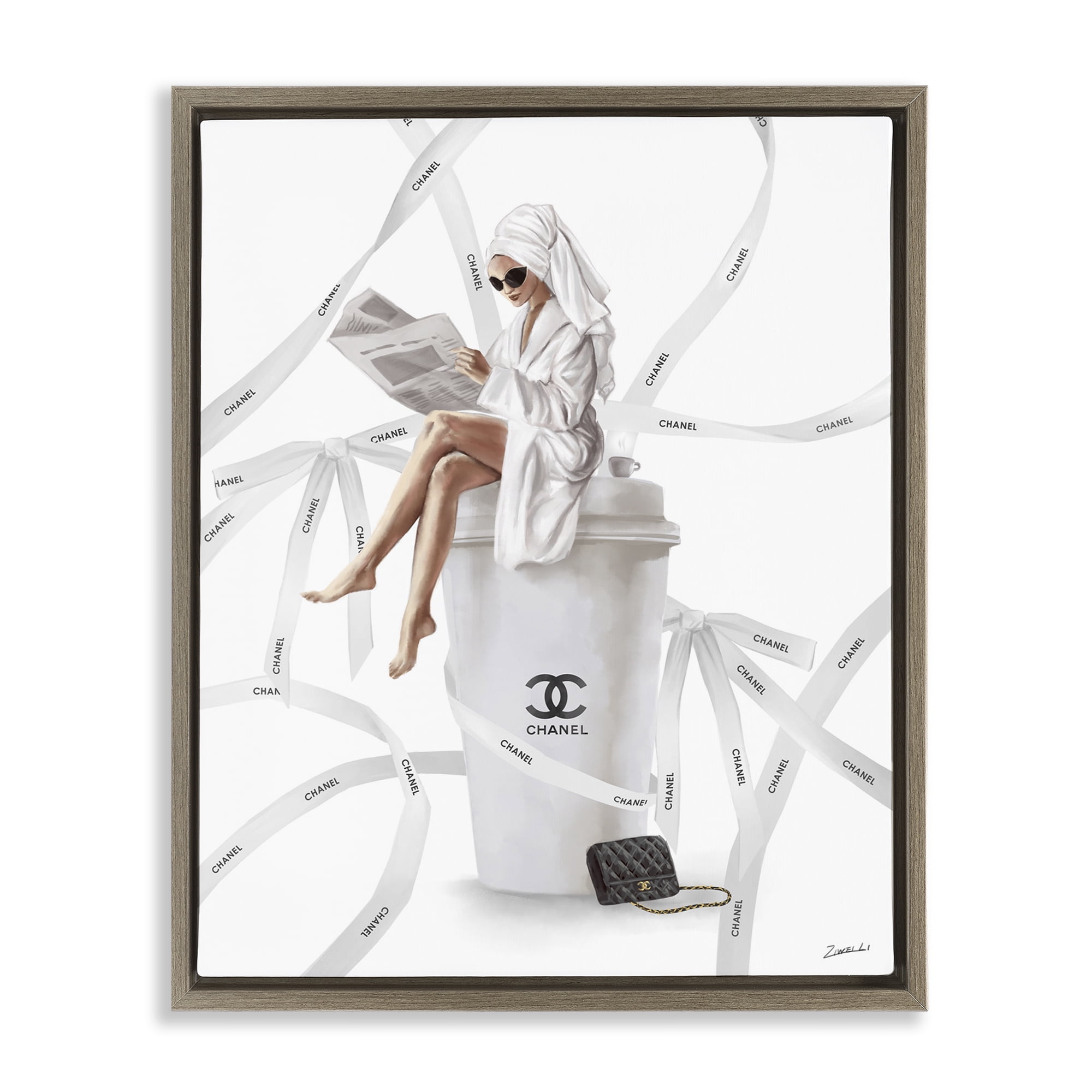 Stupell Industries Spa Girl in Bathrobe Typography Painting Brown Floater Framed Canvas Art Print Wall Art, 25 x 31