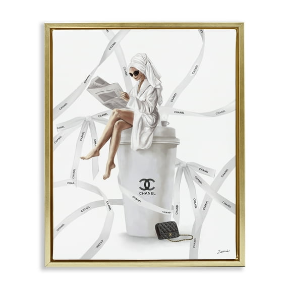 Stupell Industries Spa Girl in Bathrobe Typography Painting Gold Floater Framed Canvas Art Print Wall Art, 17 x 21