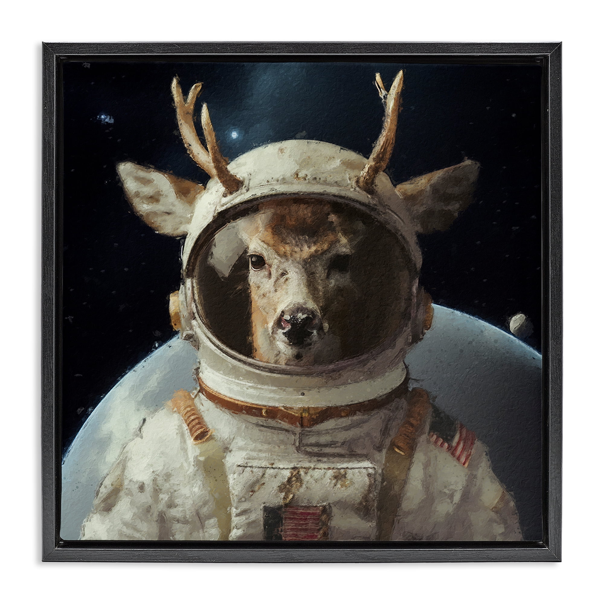 Stupell Industries Space Astronaut Deer Astrology & Stars Painting Black Floater Framed Canvas Art Print Wall Art, 18 x 18