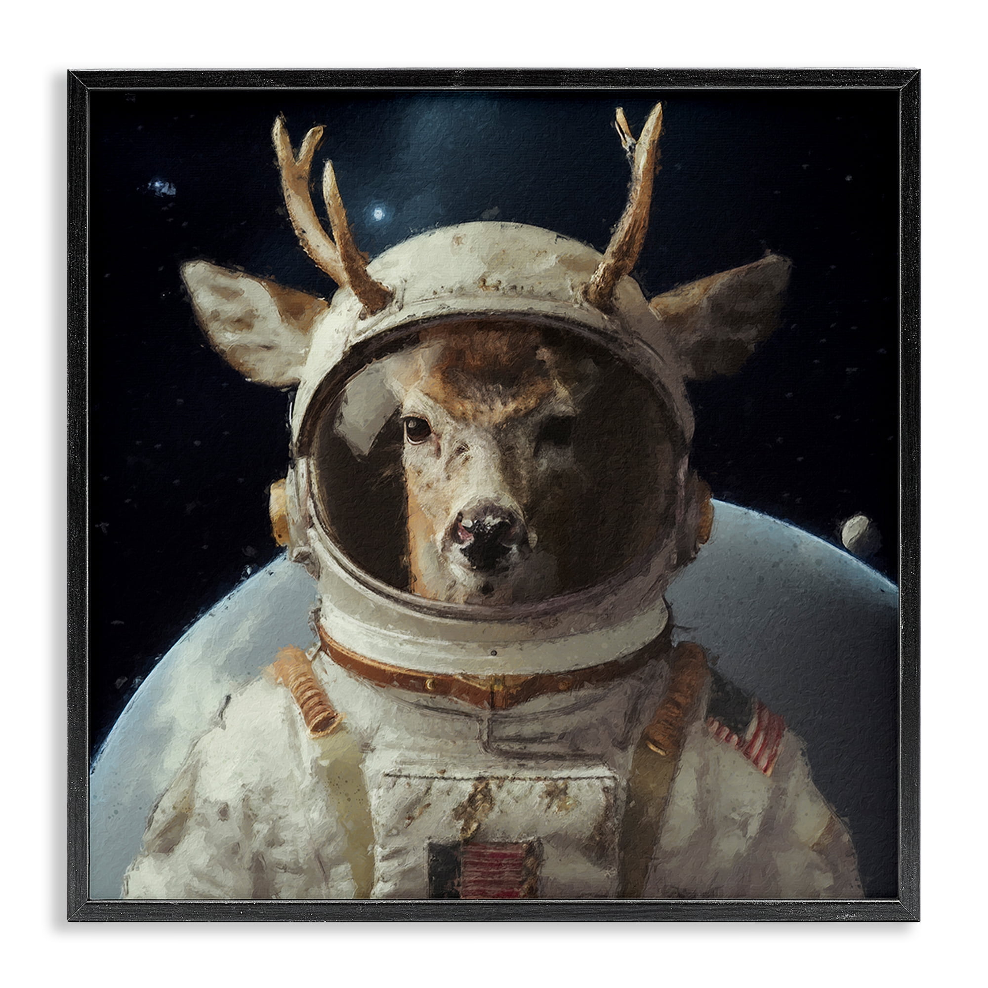 Stupell Industries Space Astronaut Deer Astrology & Stars Painting Black Framed Art Print Wall Art, 17 x 17
