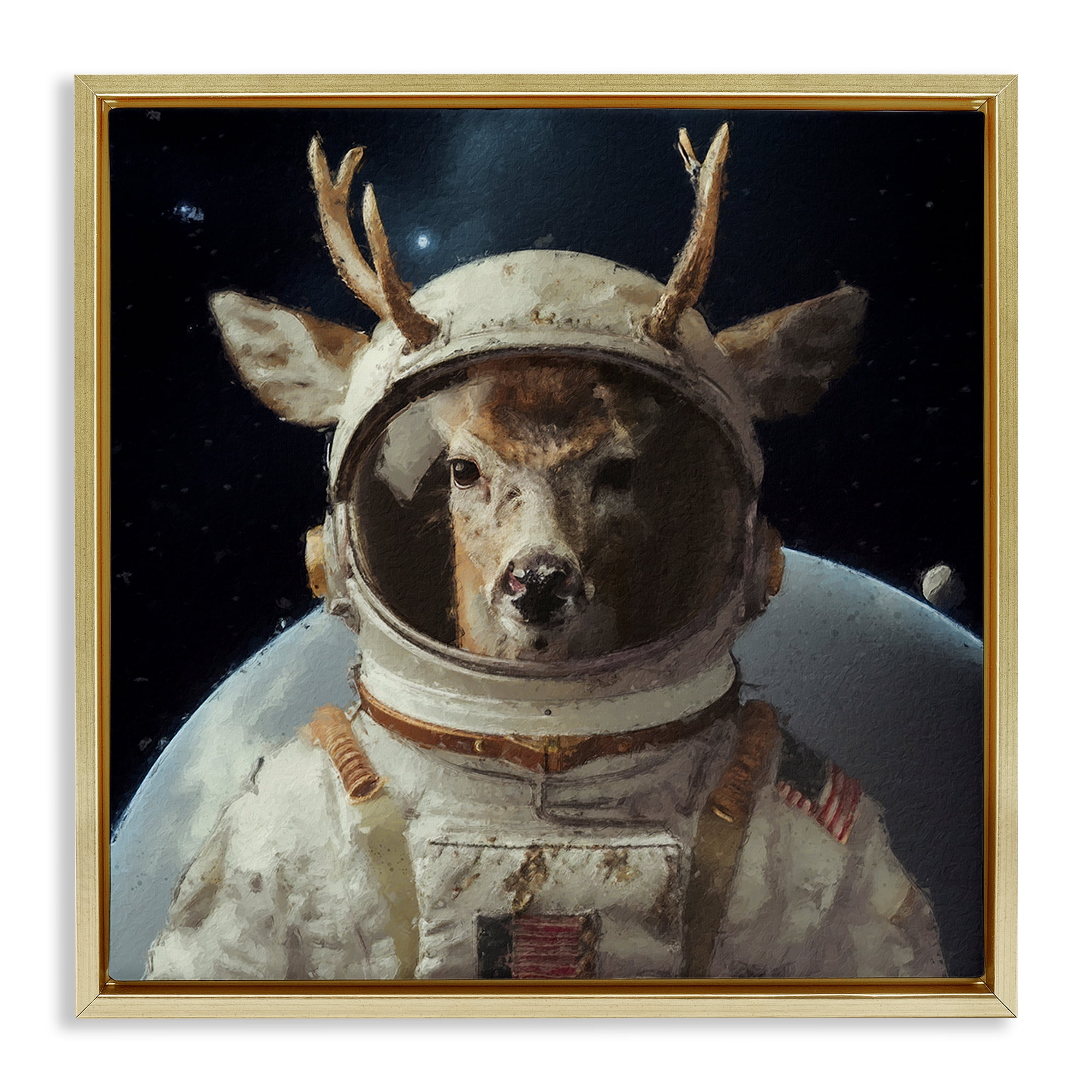Stupell Industries Space Astronaut Deer Astrology & Stars Painting Gold Floater Framed Canvas Art Print Wall Art, 18 x 18