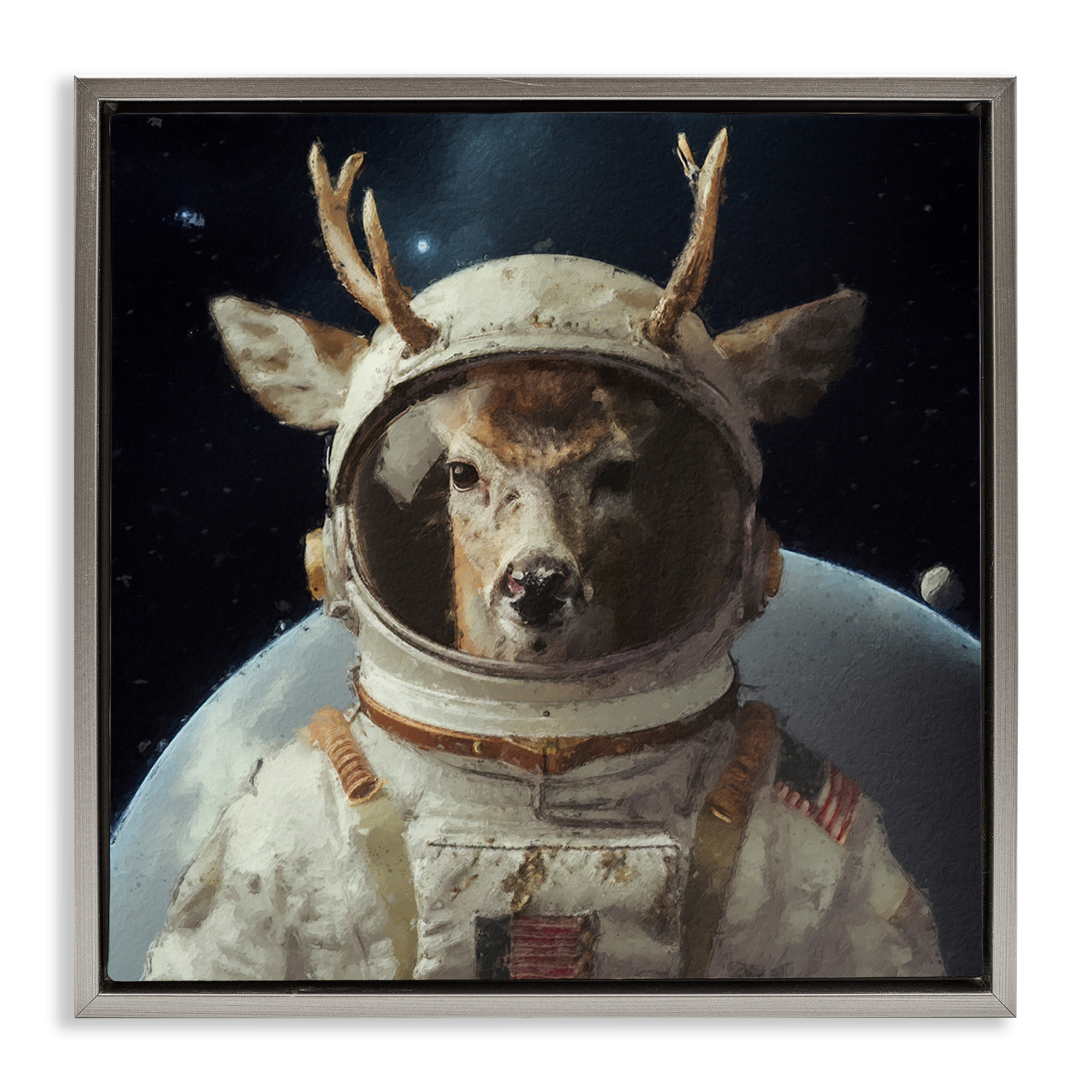 Stupell Industries Space Astronaut Deer Astrology & Stars Painting Gray Floater Framed Canvas Art Print Wall Art, 25 x 25