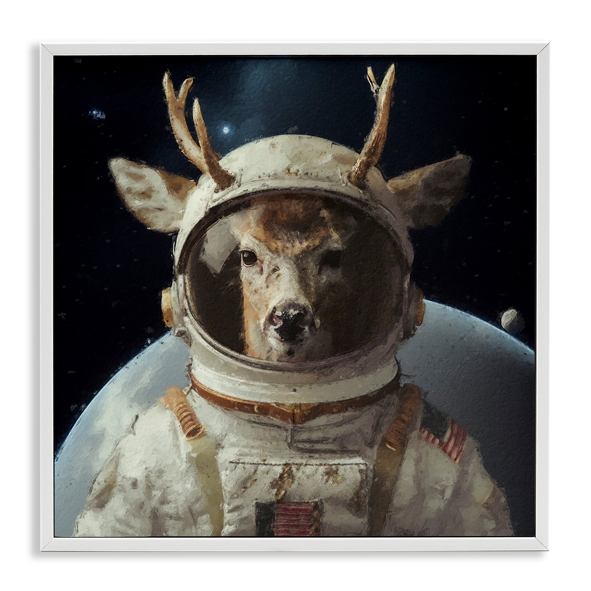Stupell Industries Space Astronaut Deer Astrology & Stars Painting White Framed Art Print Wall Art, 24 x 24