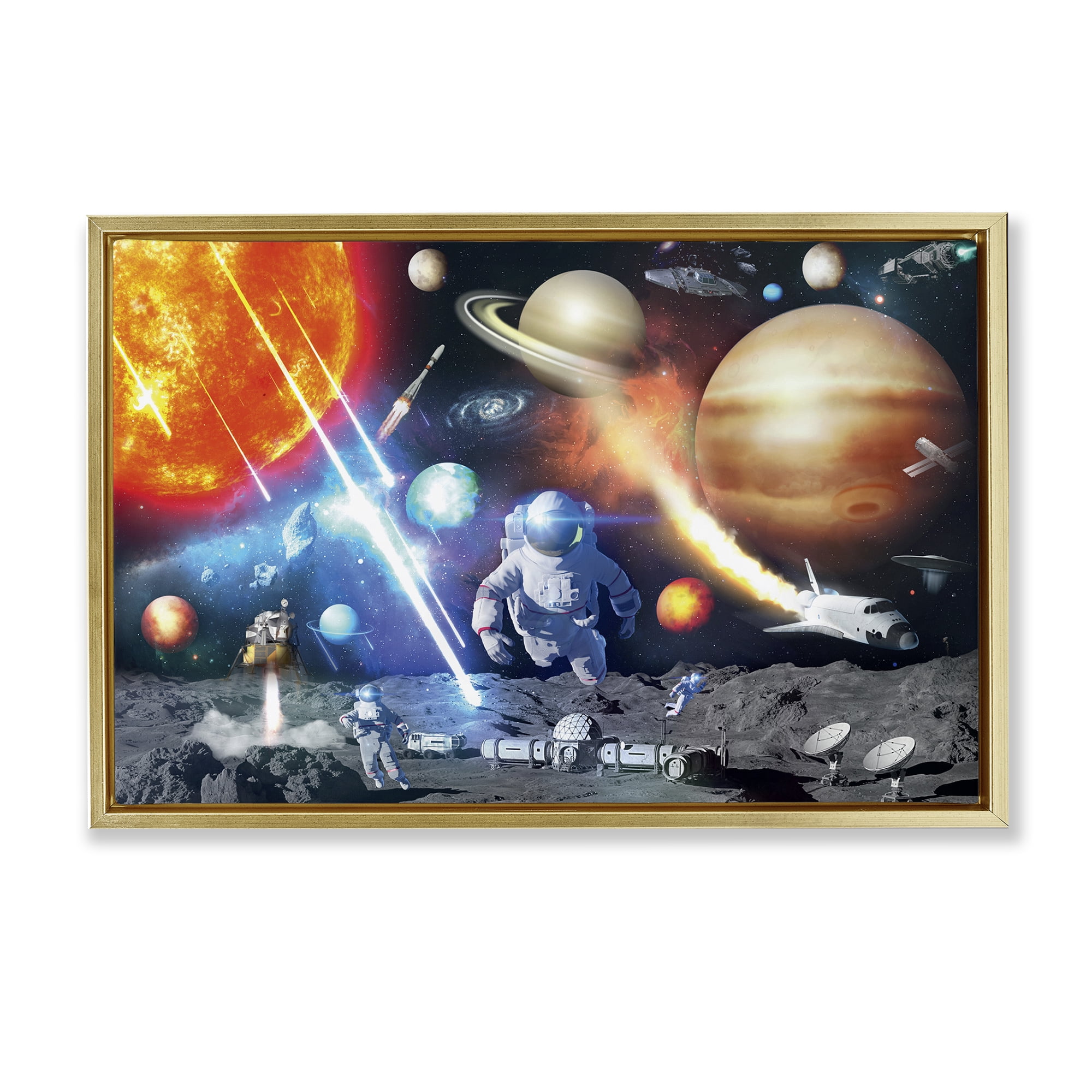 Stupell Industries Space & Astronauts Collage Astrology & Stars Painting Gold Floater Framed Canvas Art Print Wall Art, 25 x 17