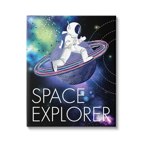 Stupell Industries Space Explorer Starry Universe Astronaut on Galaxy Planet Canvas Wall Art, 24 x 30, Design by Jennifer Ellory