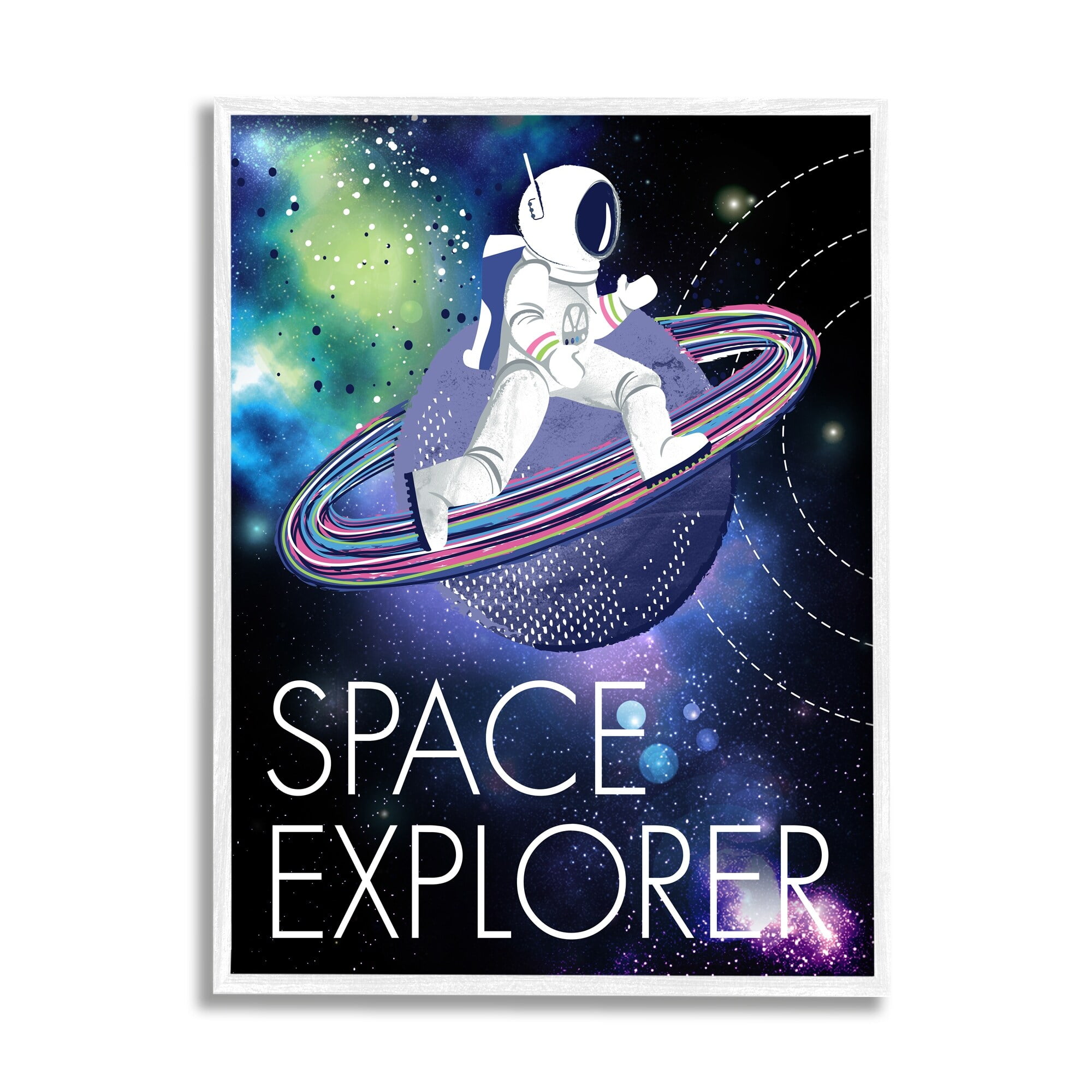 Stupell Industries Space Explorer Starry Universe Astronaut on Galaxy Planet Framed Wall Art, 24 x 30, Design by Jennifer Ellory