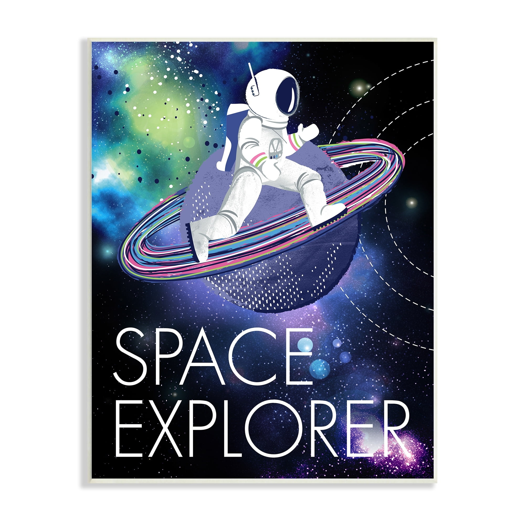 Stupell Industries Space Explorer Starry Universe Astronaut on Galaxy Planet Wood Wall Art, 10 x 15, Design by Jennifer Ellory