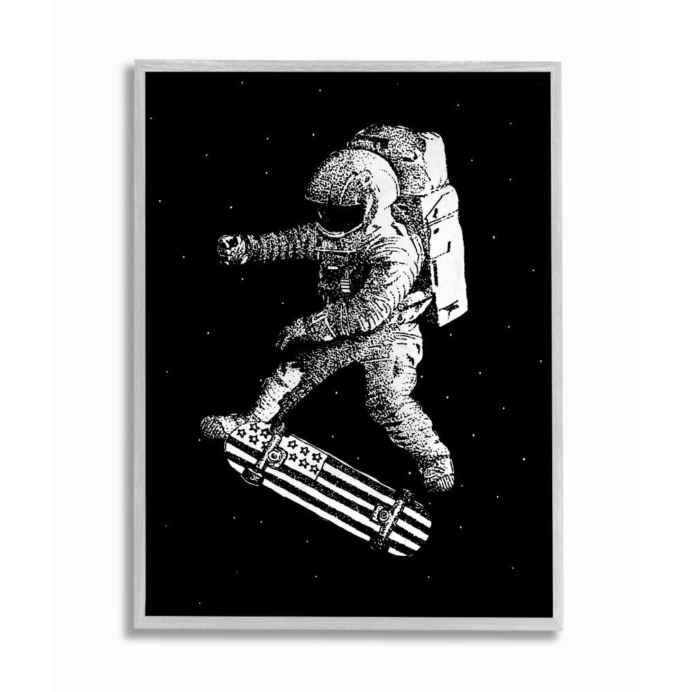 Stupell Industries Space Skateboard Skating Astronaut USA Flag Board Framed Wall Art Design by Robert Farkas, 11" x 14", Gray Framed