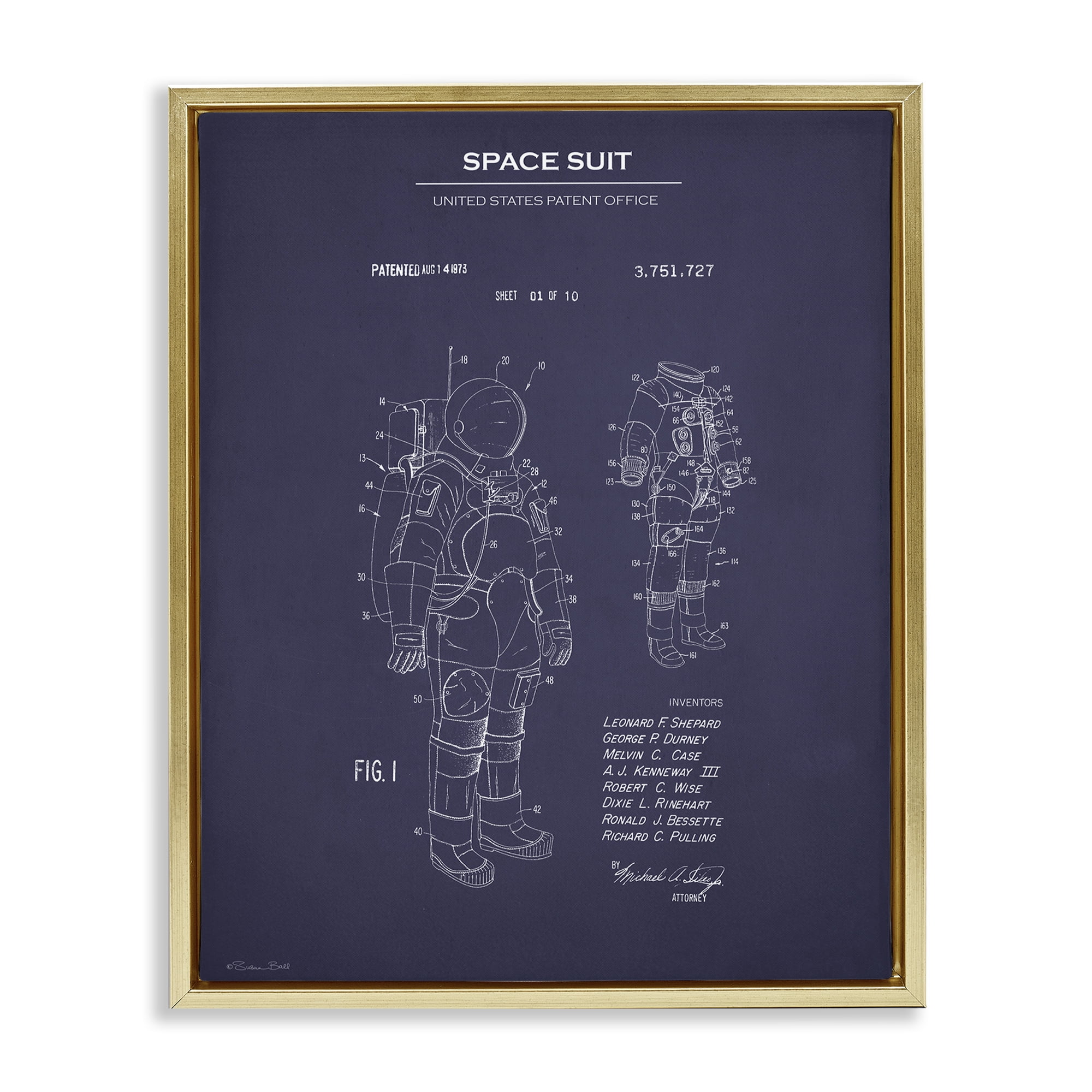 Stupell Industries Space Suit Blueprint Novelty Painting Gold Floater Framed Art Print Wall Art, 17 x 21