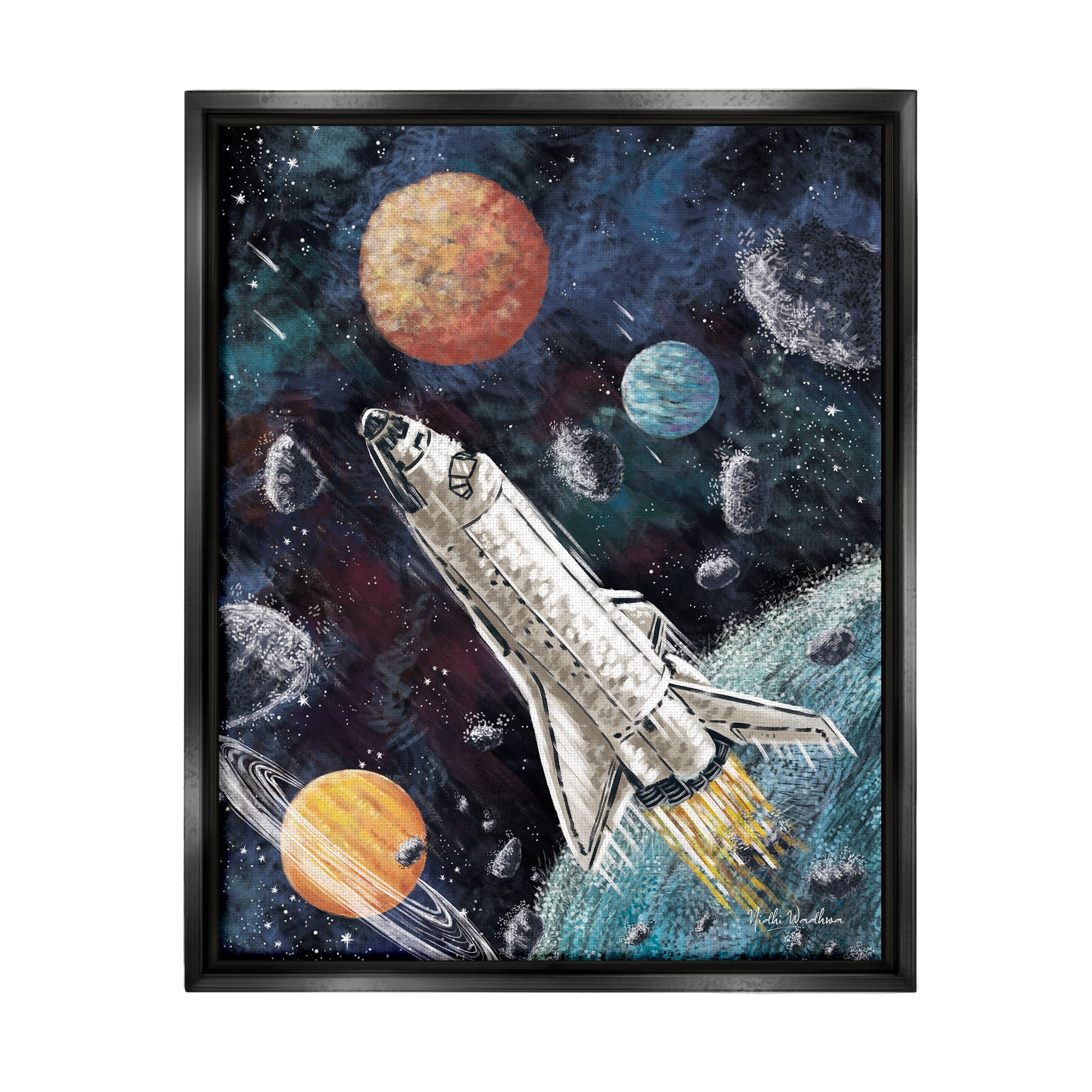 Stupell Industries Spaceship in Outer Space Novelty Painting Black Floater Framed Canvas Art Print Wall Art, 17 x 21