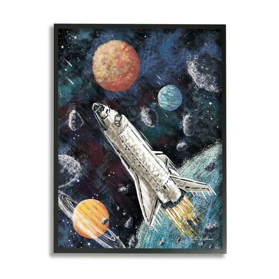Stupell Industries Spaceship in Outer Space Novelty Painting Black Framed Art Print Wall Art, 16 x 20