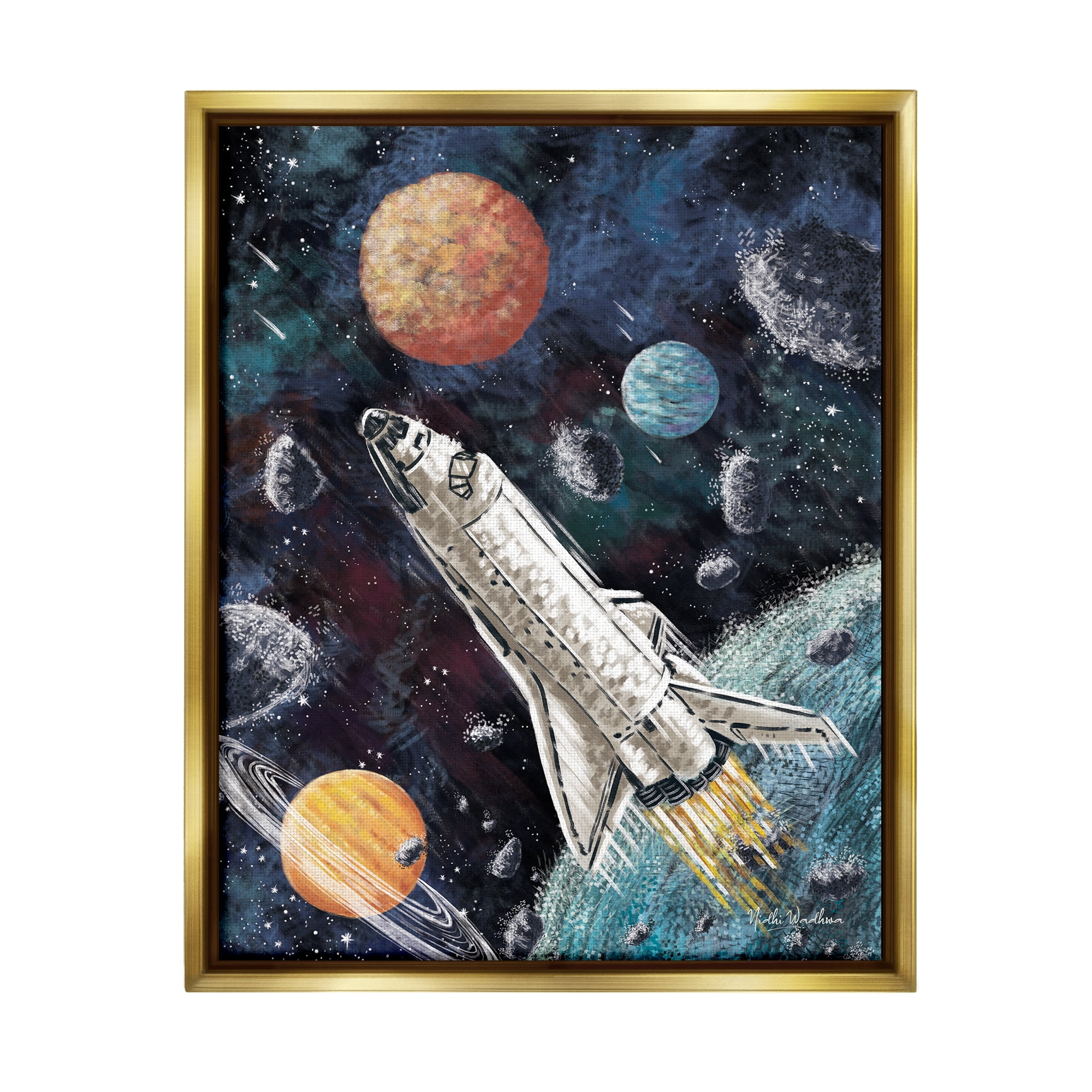Stupell Industries Spaceship in Outer Space Novelty Painting Gold Floater Framed Canvas Art Print Wall Art, 25 x 31